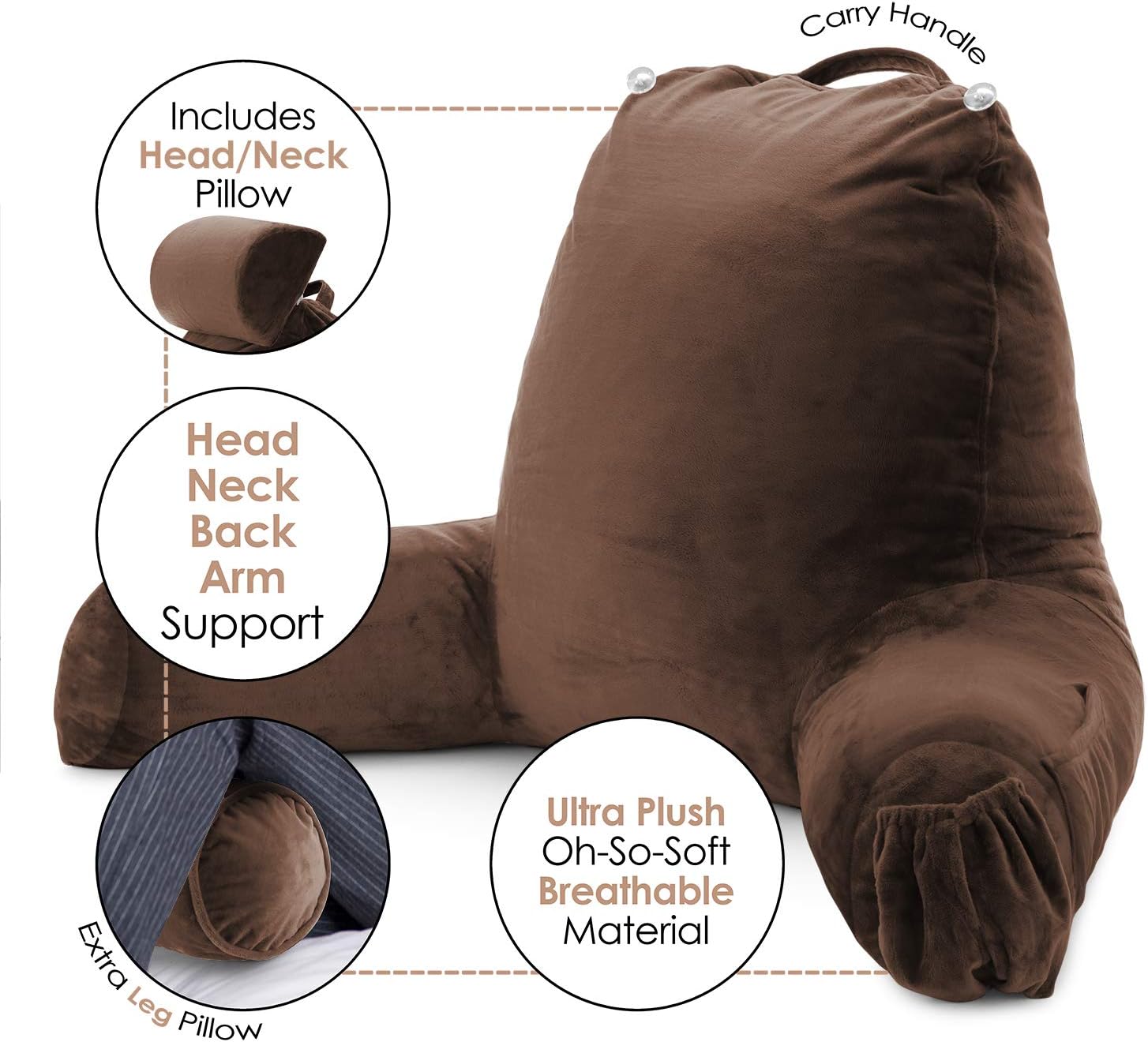 Clara Clark Reading Pillow - Large Brown 31 Inch Memory Foam Bed Rest