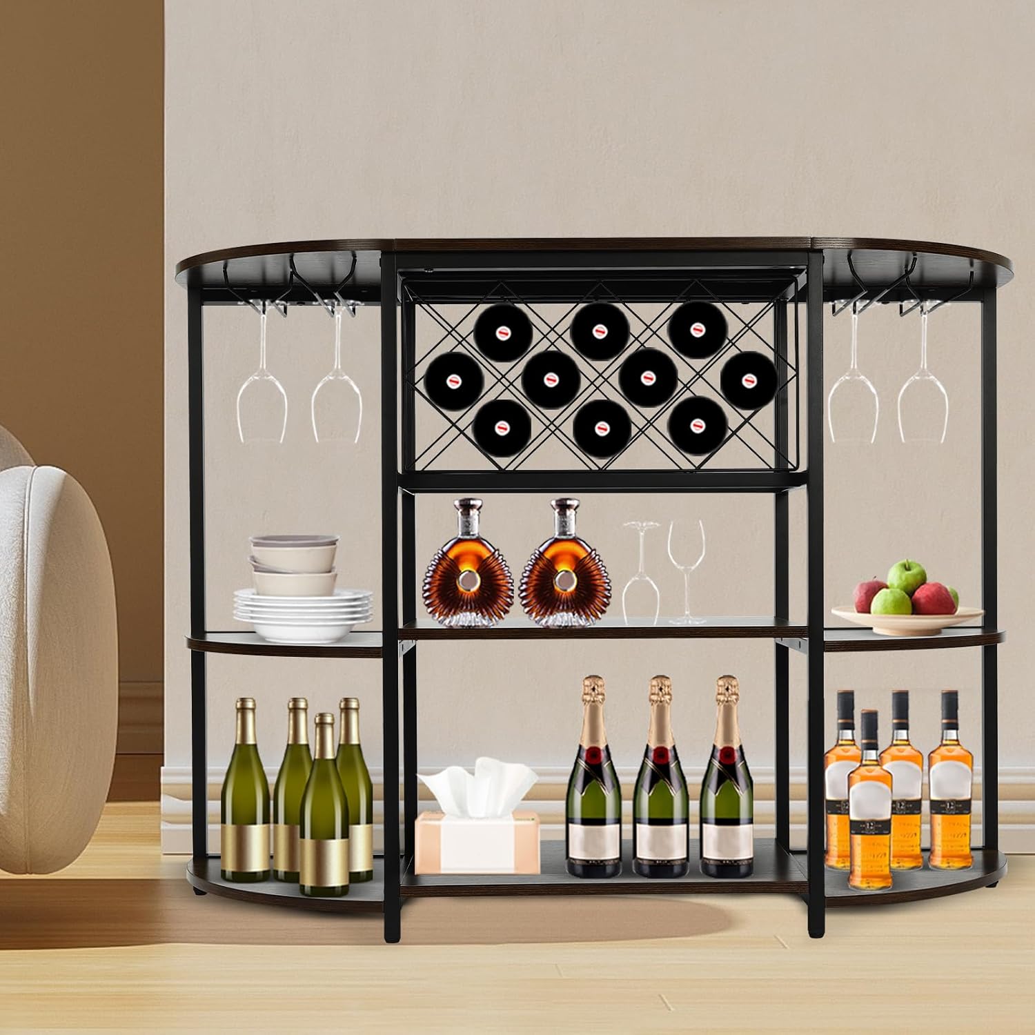 Delianty 3-Tier Wine Rack Table with Glass Holders Rustic Brown