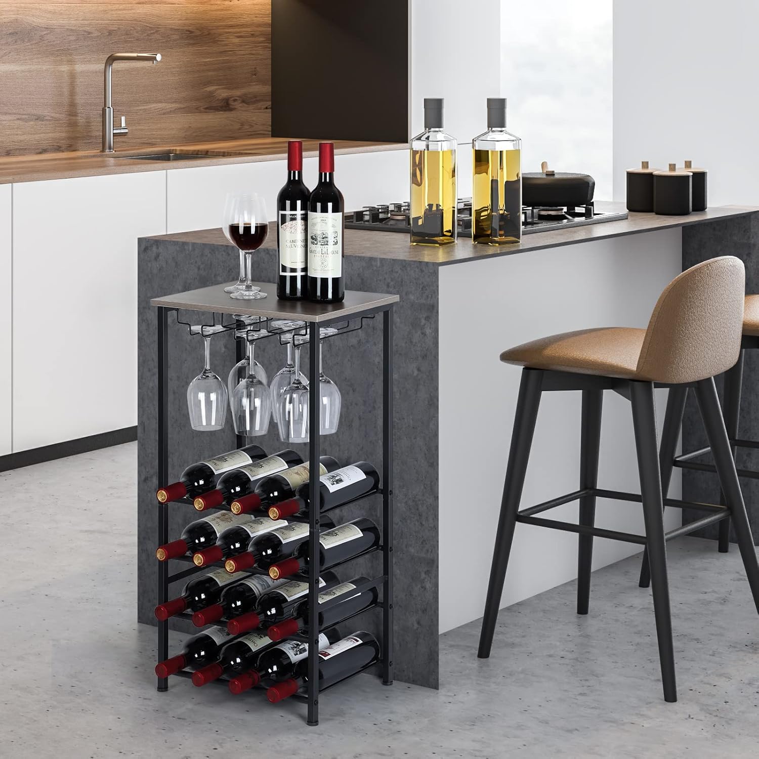 OYEAL Freestanding Wine Rack with 16 Bottle Capacity Gray Oak