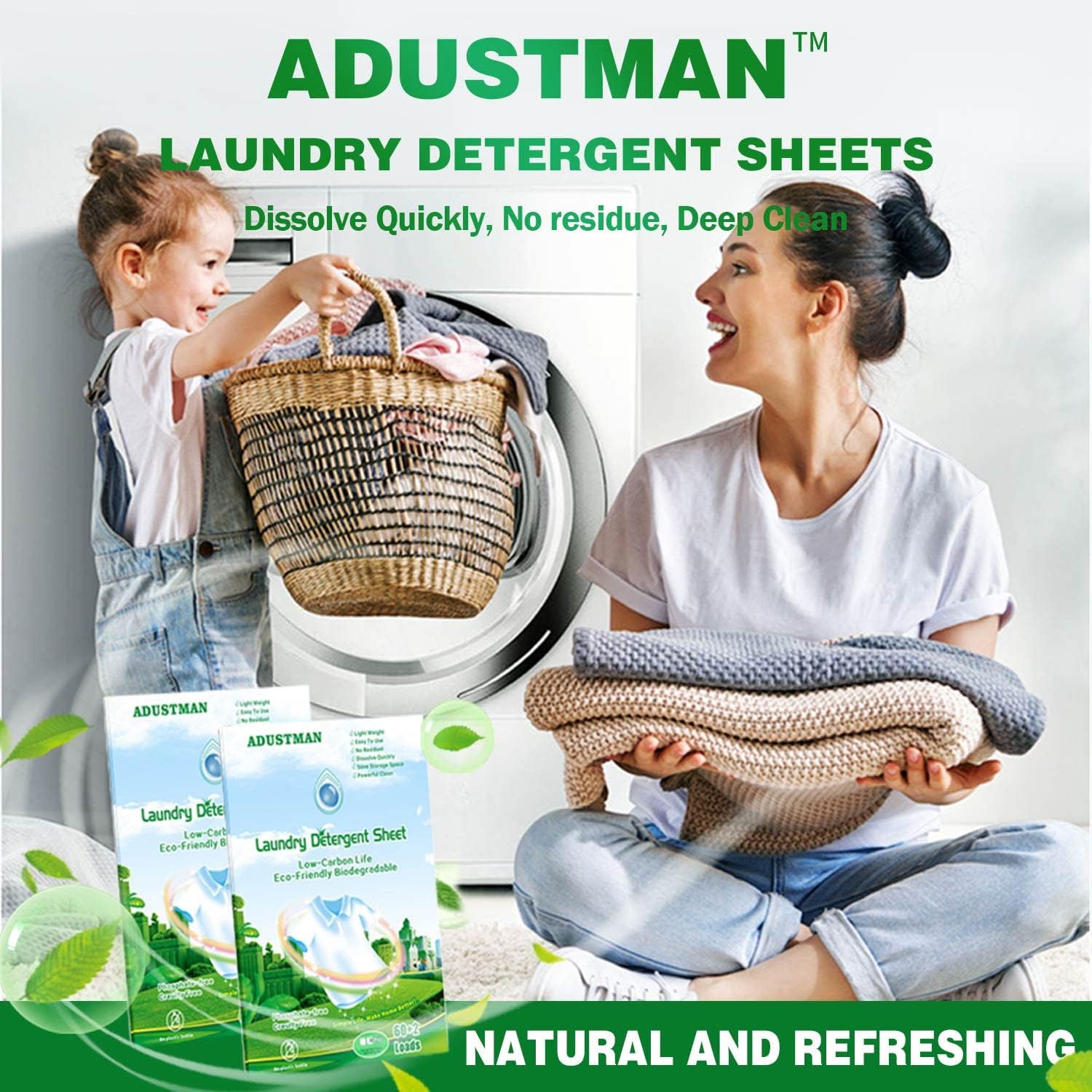 ADUSTMAN Liquidless Laundry Detergent Sheets 62 Loads Eco Friendly Hypoallergenic