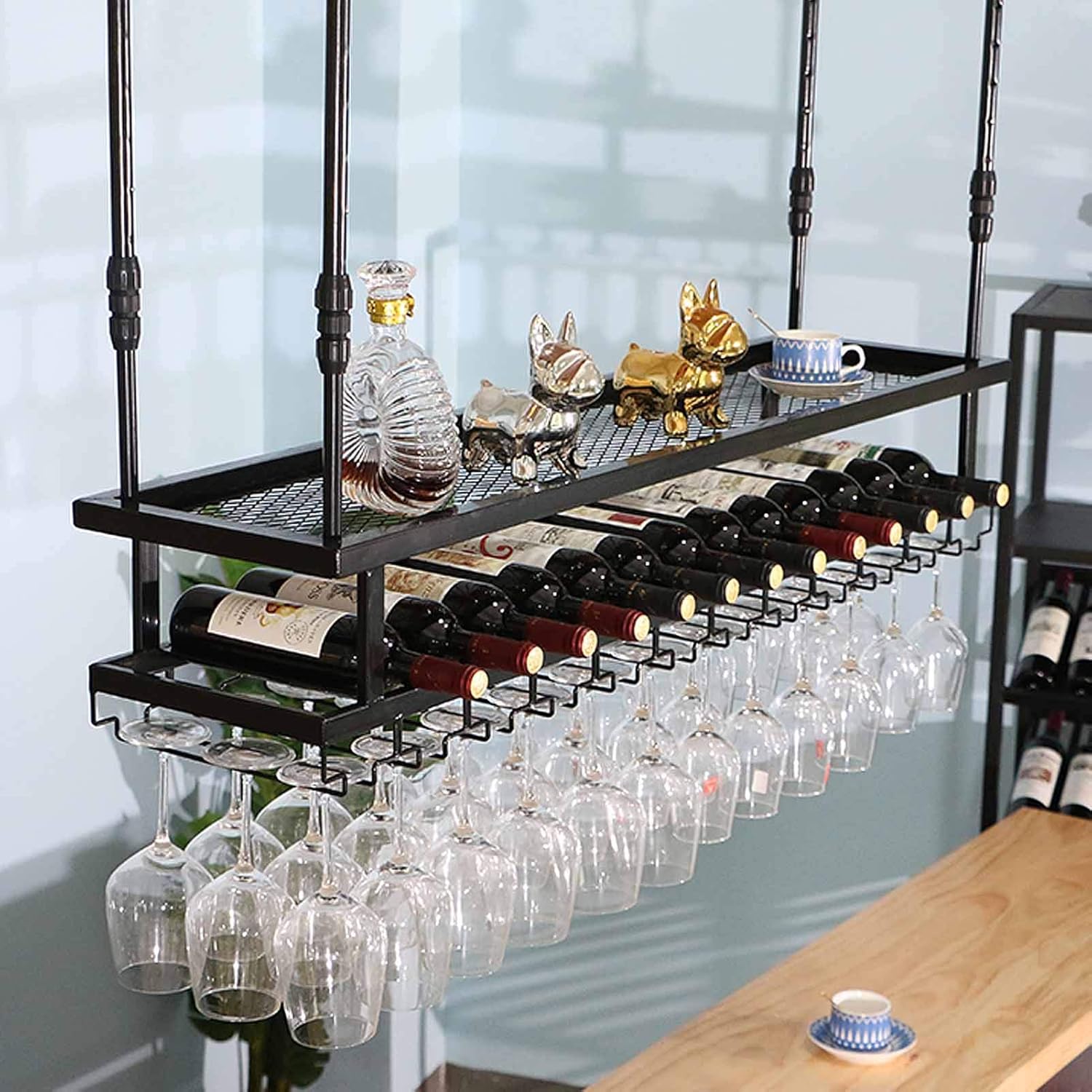 Adjustable Wall-Mounted Wine Rack - 60cm Black Glass Holder
