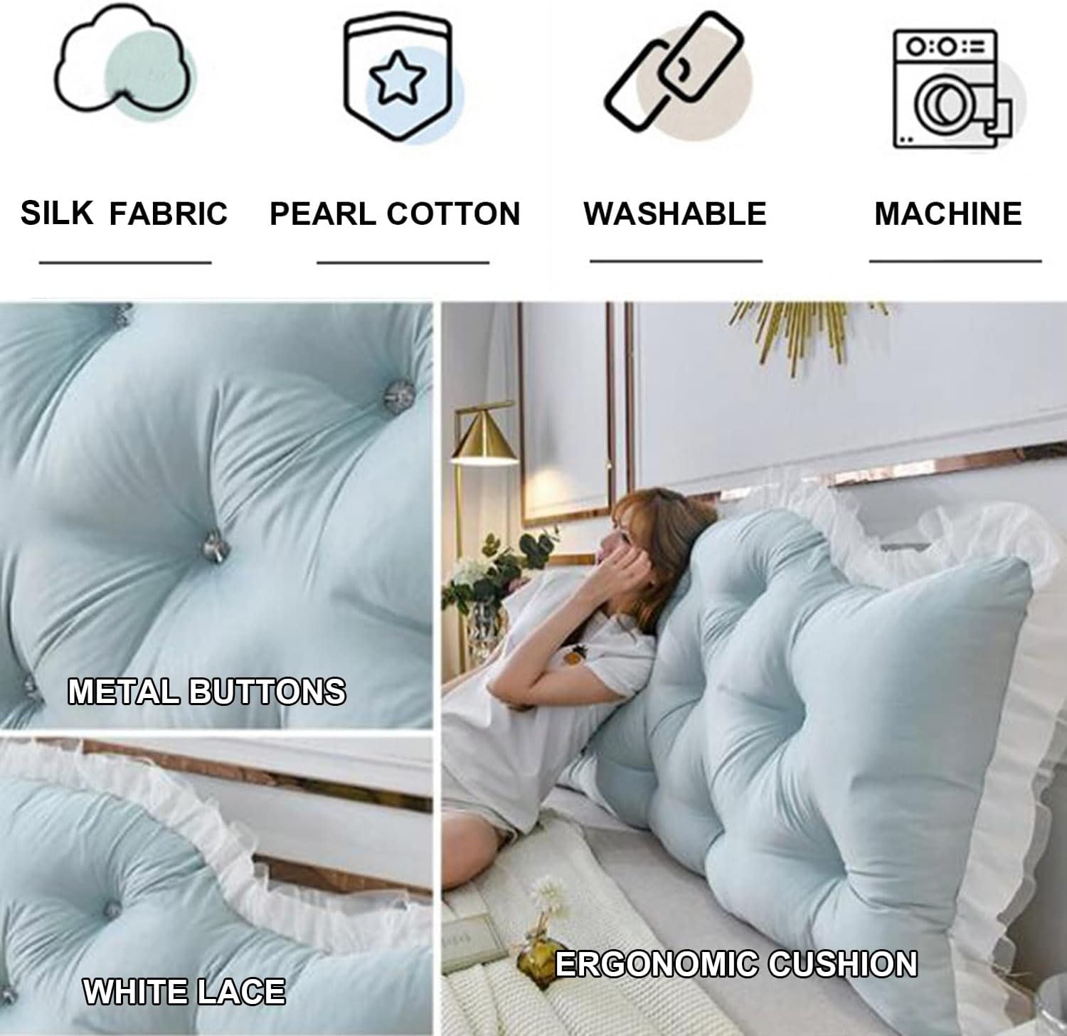 Wedge Headboard Pillow with Removable Cover Blue Queen 59 Inch