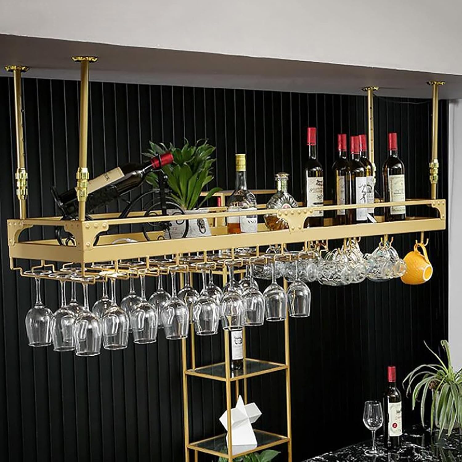 Adjustable Wine Rack for Bar and Kitchen Ceiling Mounted Stemware Holder