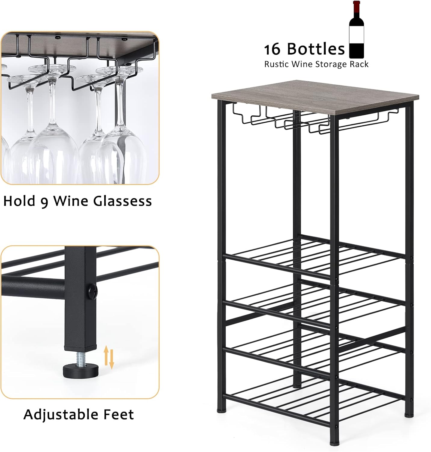 OYEAL Freestanding Wine Rack with 16 Bottle Capacity Gray Oak