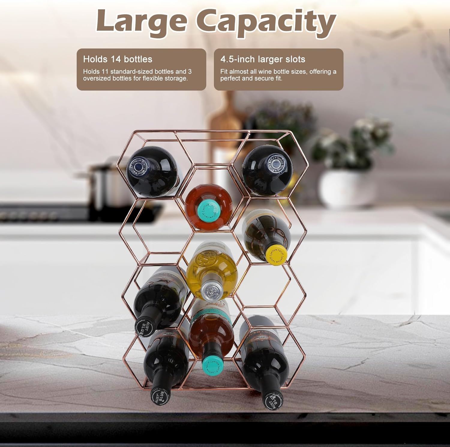 Rose Gold Wine Rack - 14 Bottles 3 Tier No Assembly Required