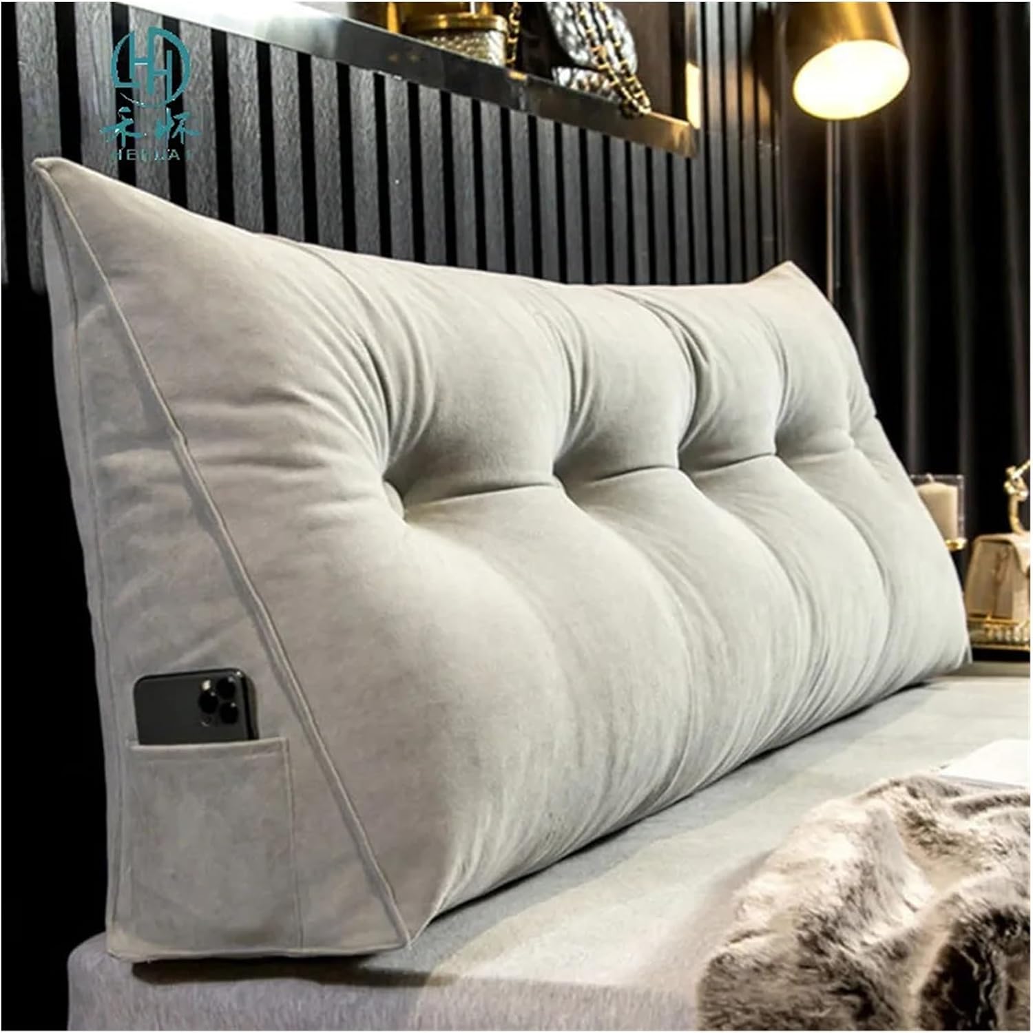 GeRRiT Velvet Headboard Pillow with Side Pocket