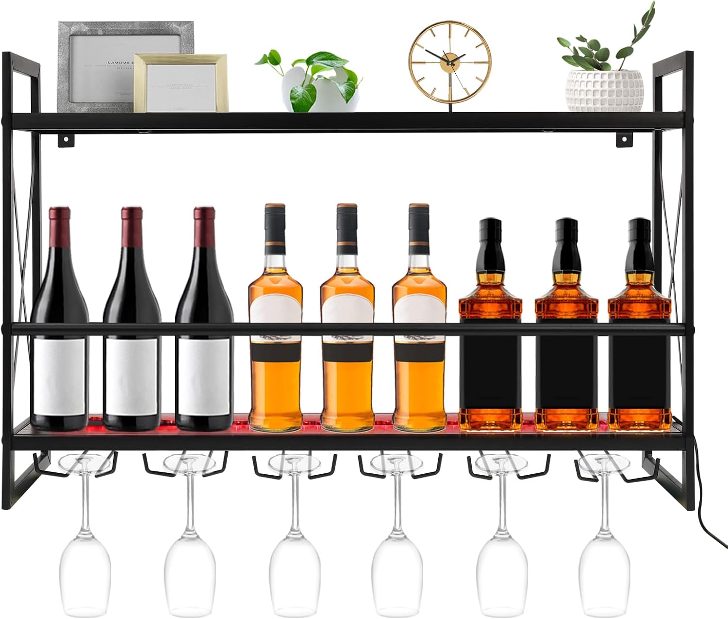 Gagalayong Wall Mounted Wine Rack with LED Light and 6 Glass Holders