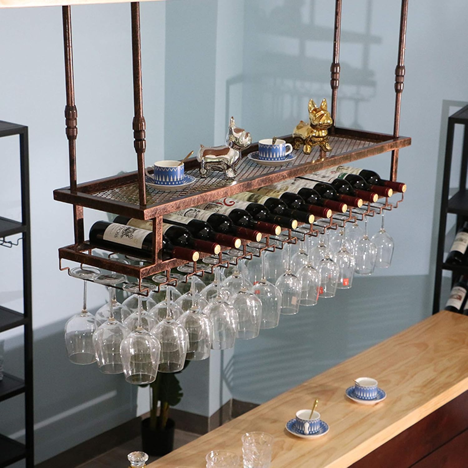 Industrial Hanging Wine Rack with 2-Layer Metal Design