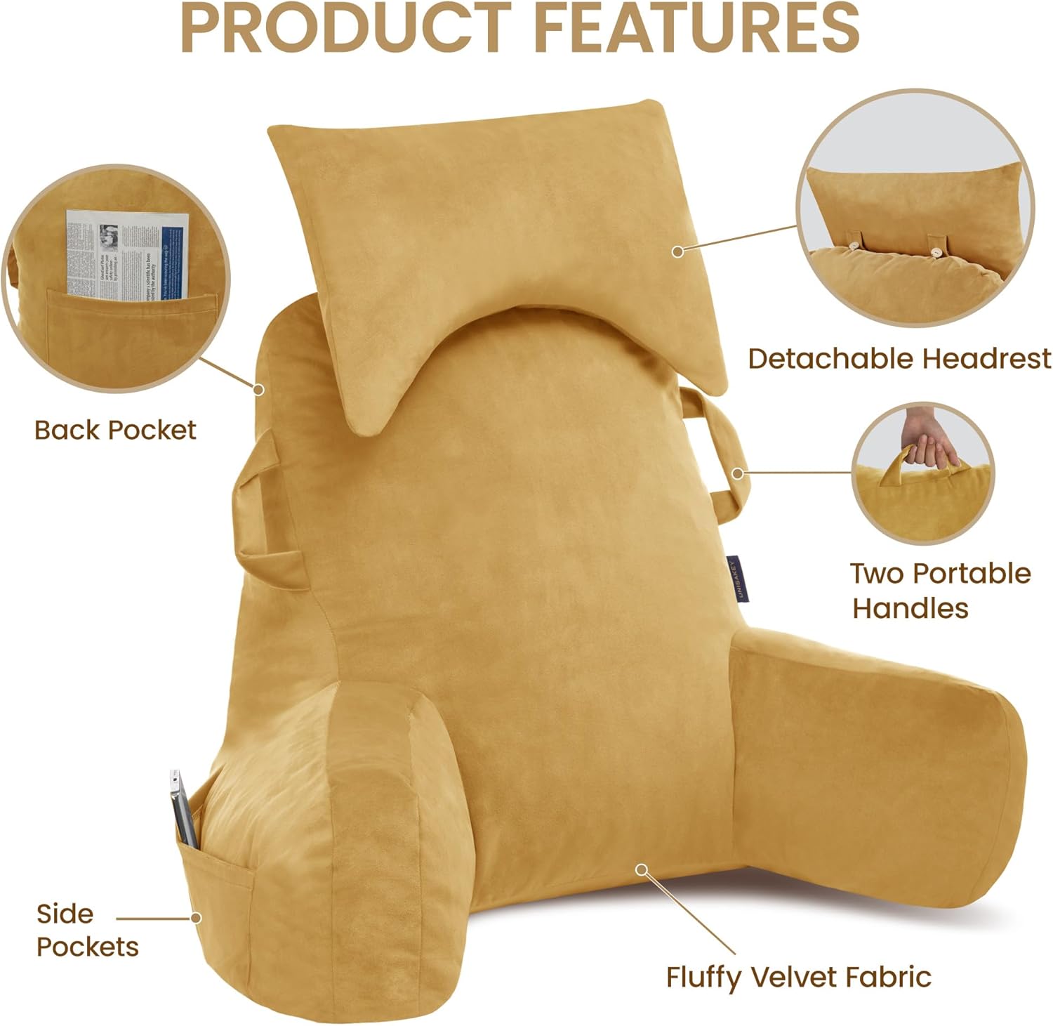 Unisakey Portable Reading Pillow with Headrest and Pockets
