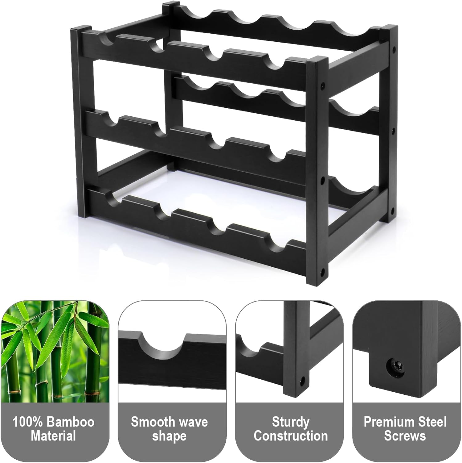 Thalomely 3-Tier Bamboo Wine Rack Black 12 Bottle Storage
