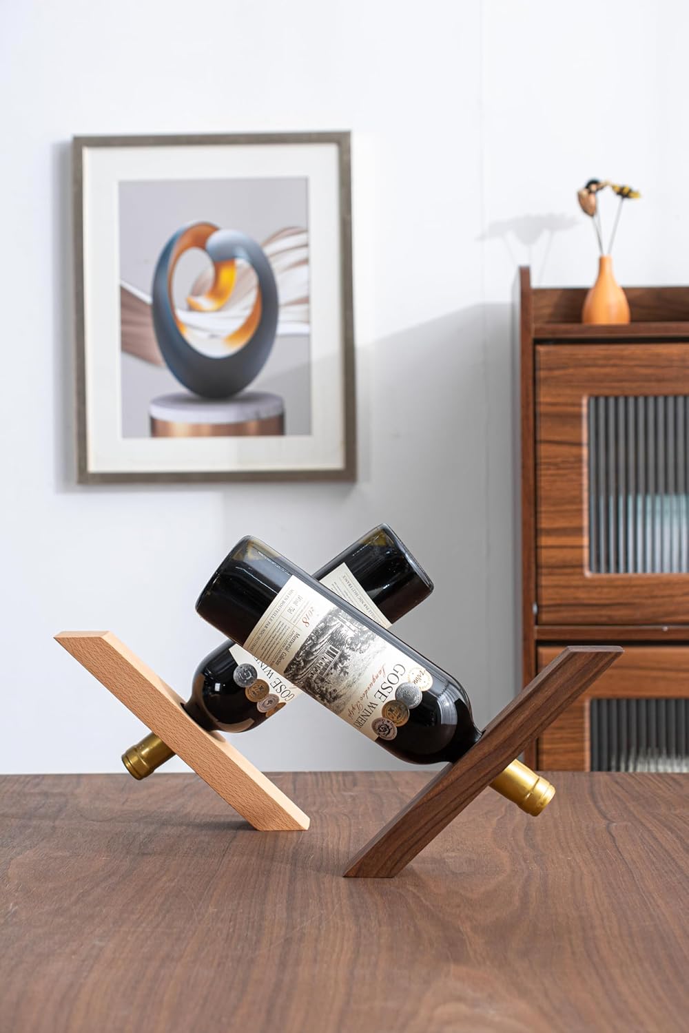 WONQEXZ Wine Bottle Holder - Freestanding Wood Stand for Dining Table
