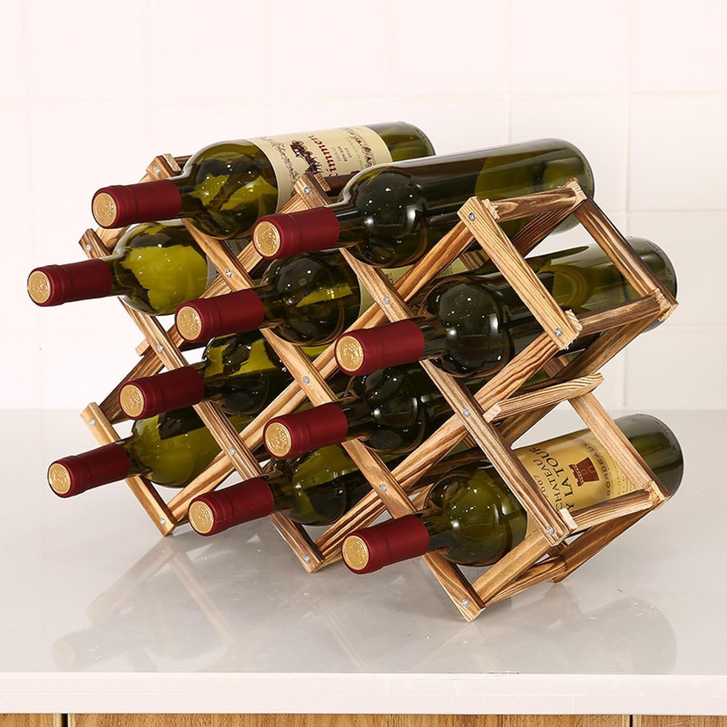 OWKAY Folding Wooden Wine Rack for 10 Bottles