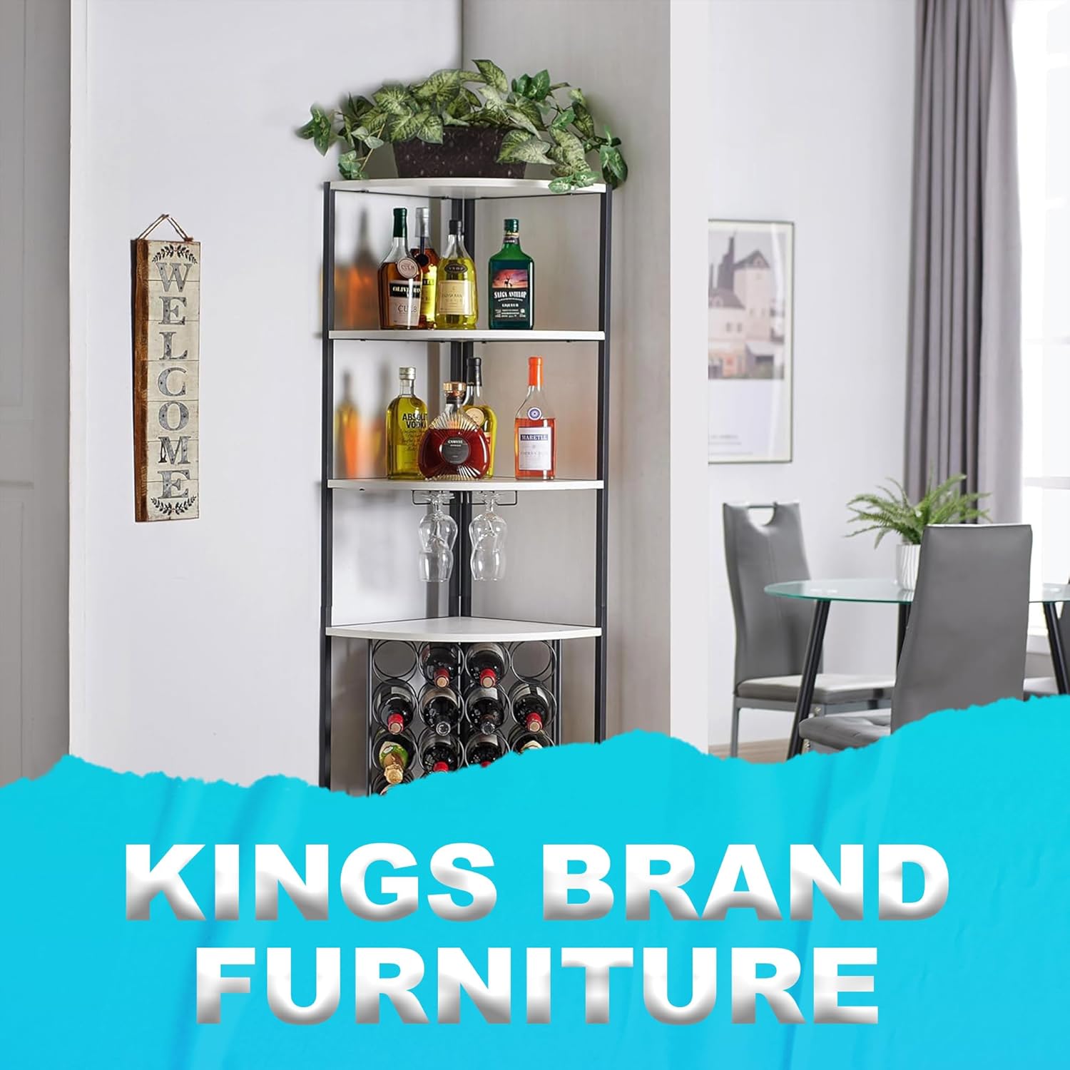 5 Tier Corner Wine Rack with Glass Holder White OakBlack