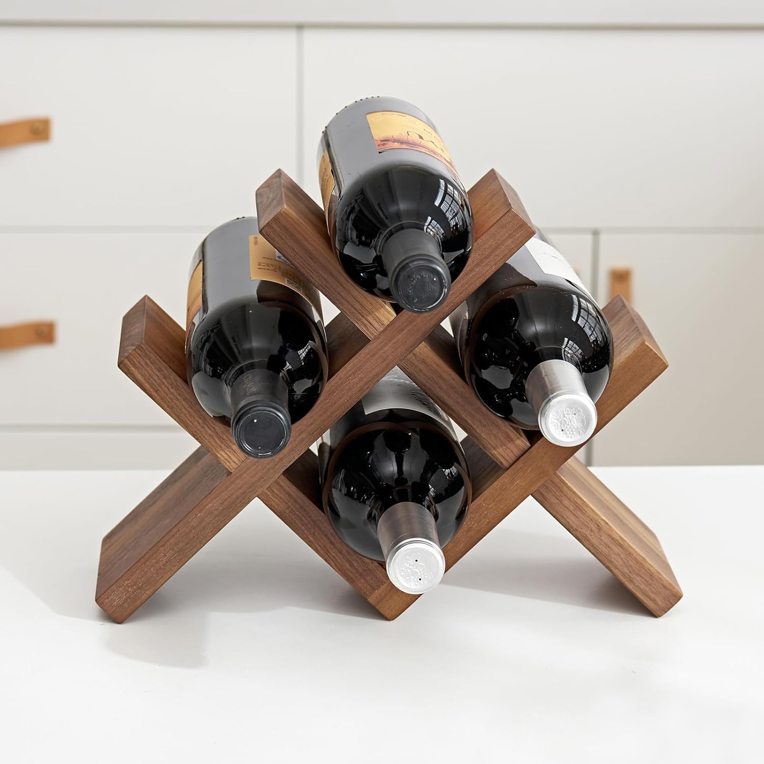 OAKERLAND 4 Bottle Walnut Wood Wine Rack Free Standing