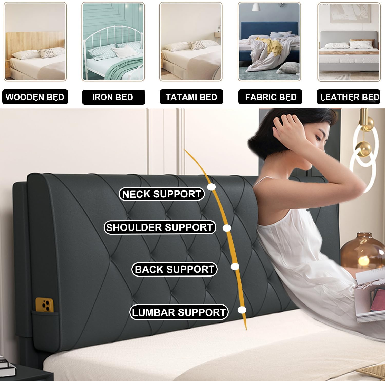 Faux Leather Headboard Cushion Black with Straps 79 Inch