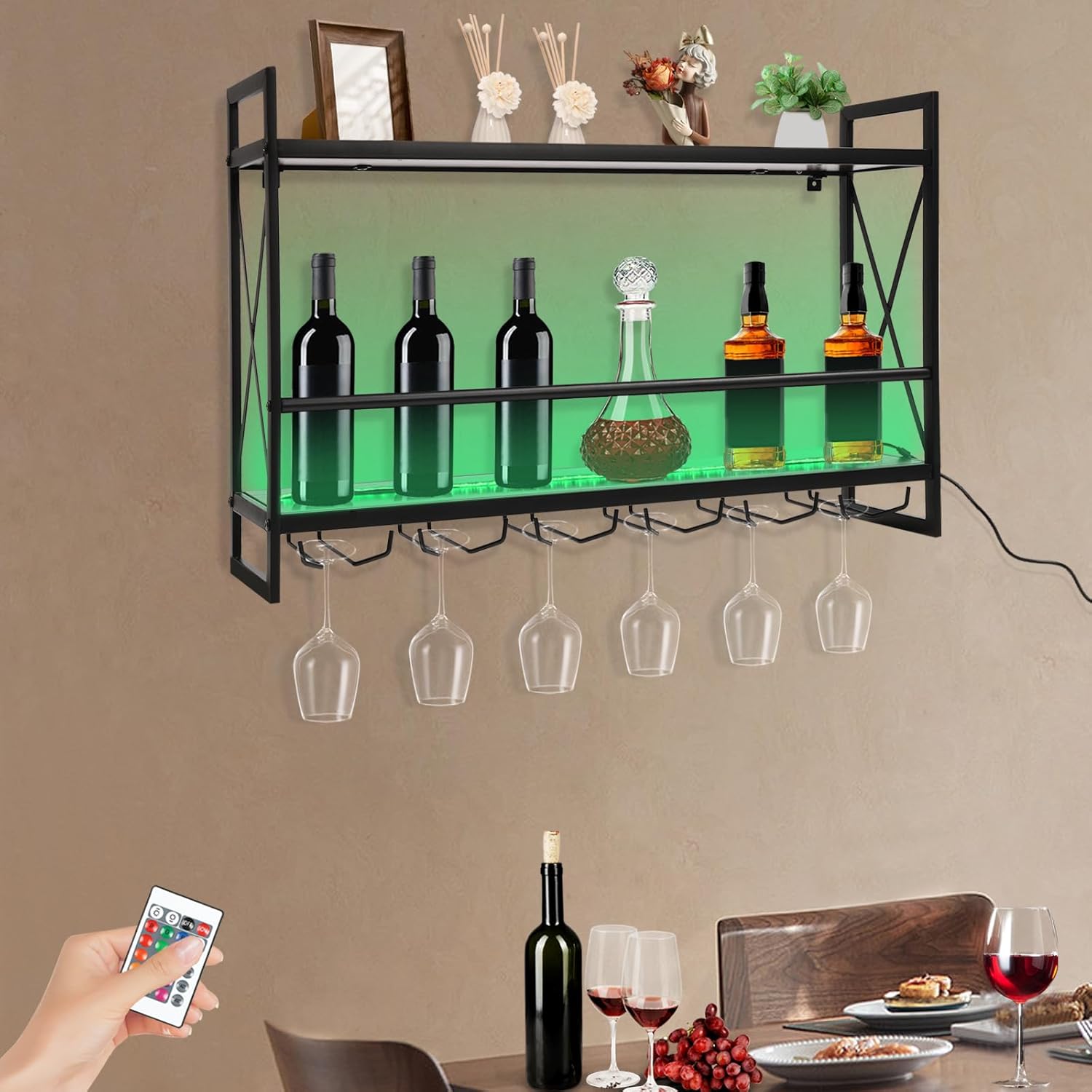 Gagalayong Wall Mounted Wine Rack with LED Light and 6 Glass Holders