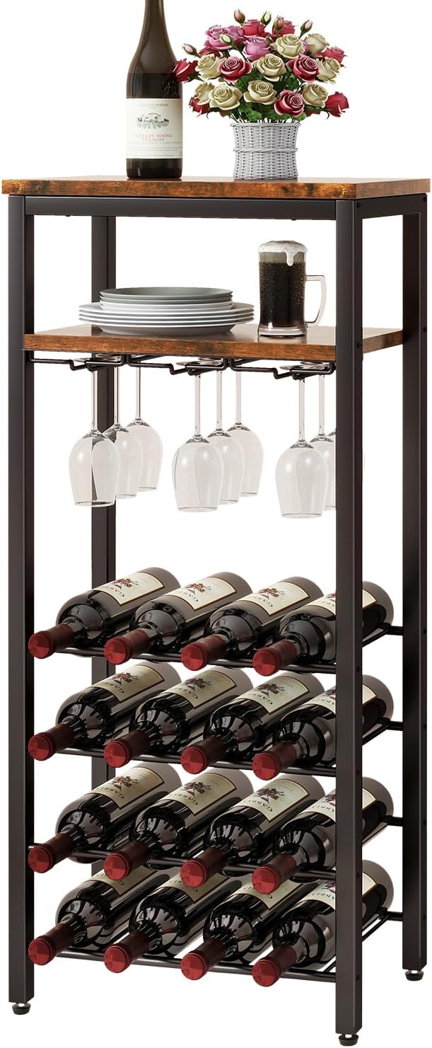 IBUYKE Freestanding Wine Rack 16 Bottles 2-Tier Tabletop with Glass Holders