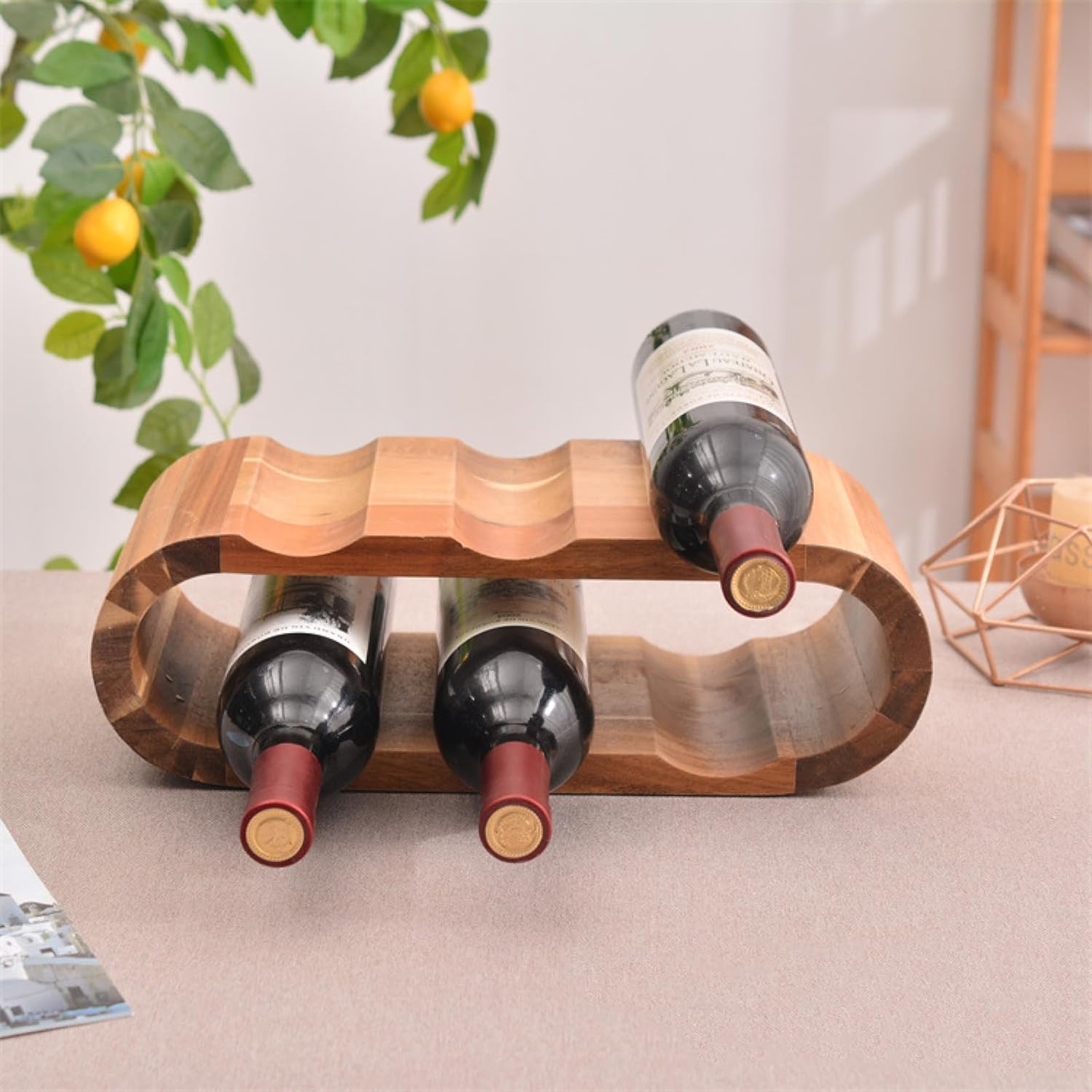 OWKAY Oval Wooden Wine Bottle Rack Storage