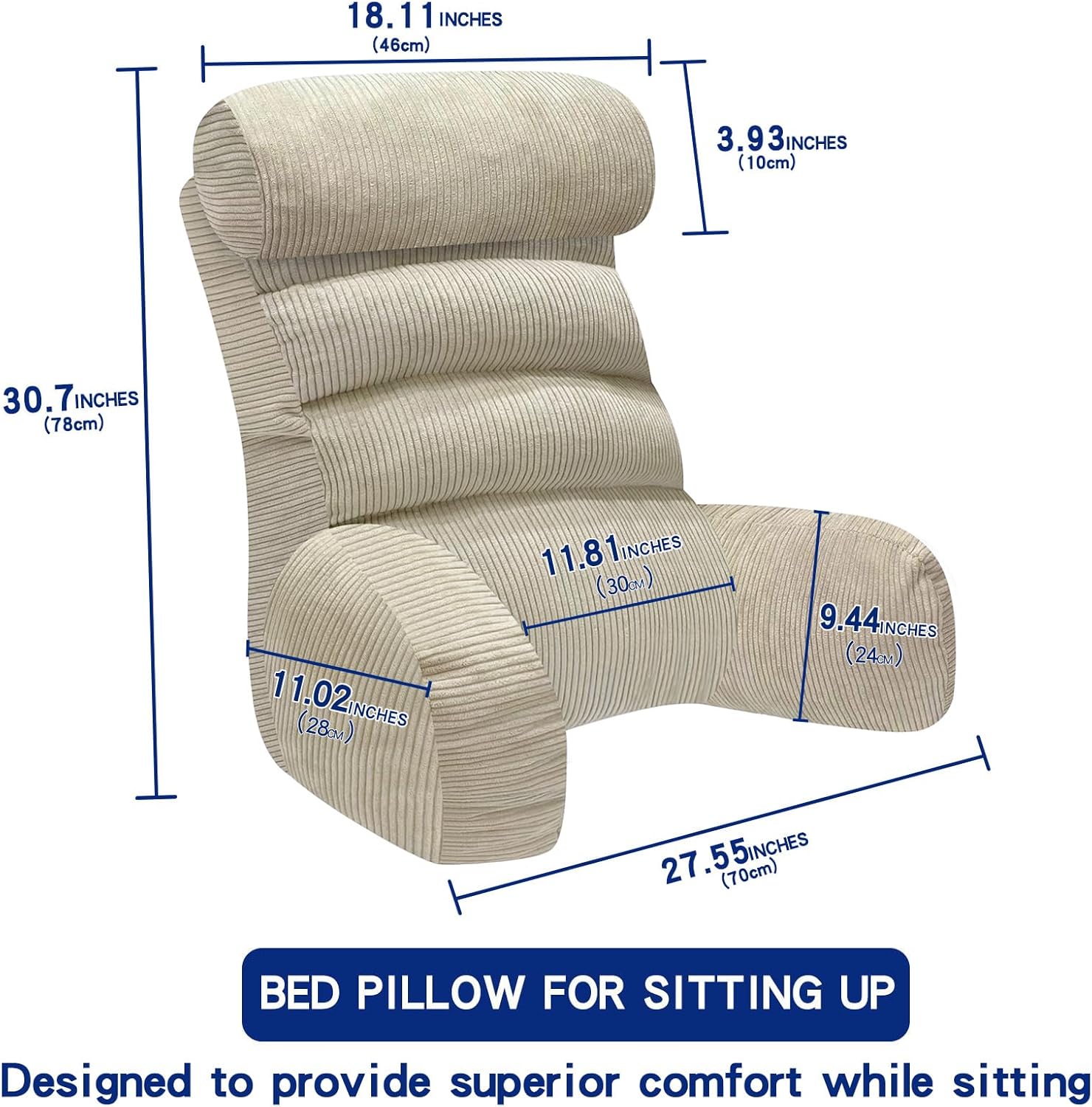 Extra Large Reading Pillow with Arm and Neck Support Cream
