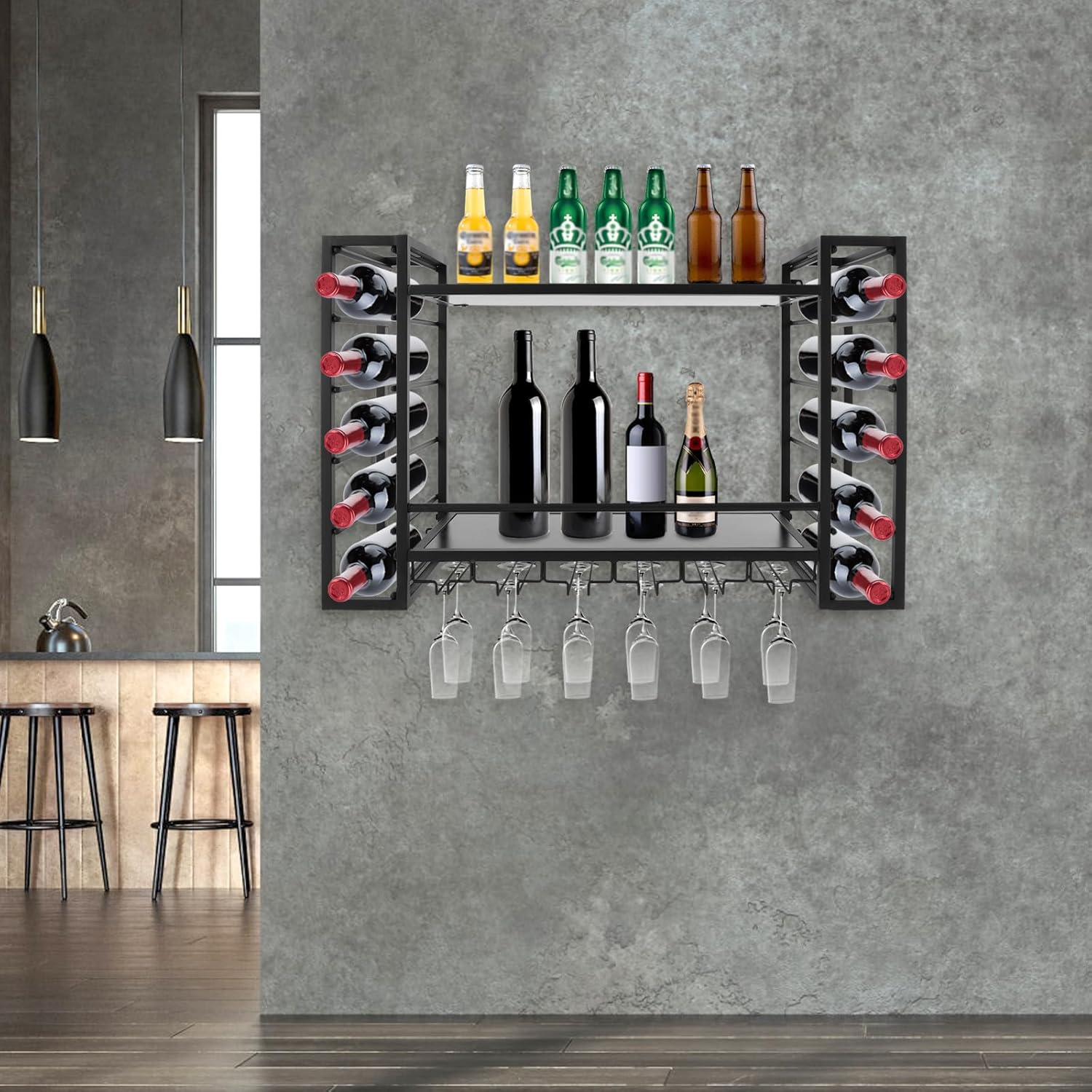 NDKASHF Wall Mounted Wine Rack - 2-Tier with Glass and Bottle Holders Black