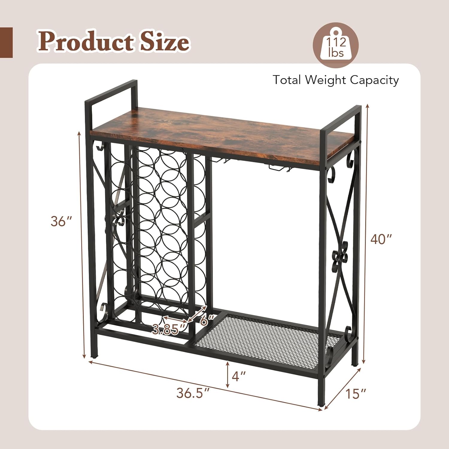 LOKO 21-Bottle Wine Rack with Glass Holder and Metal Frame