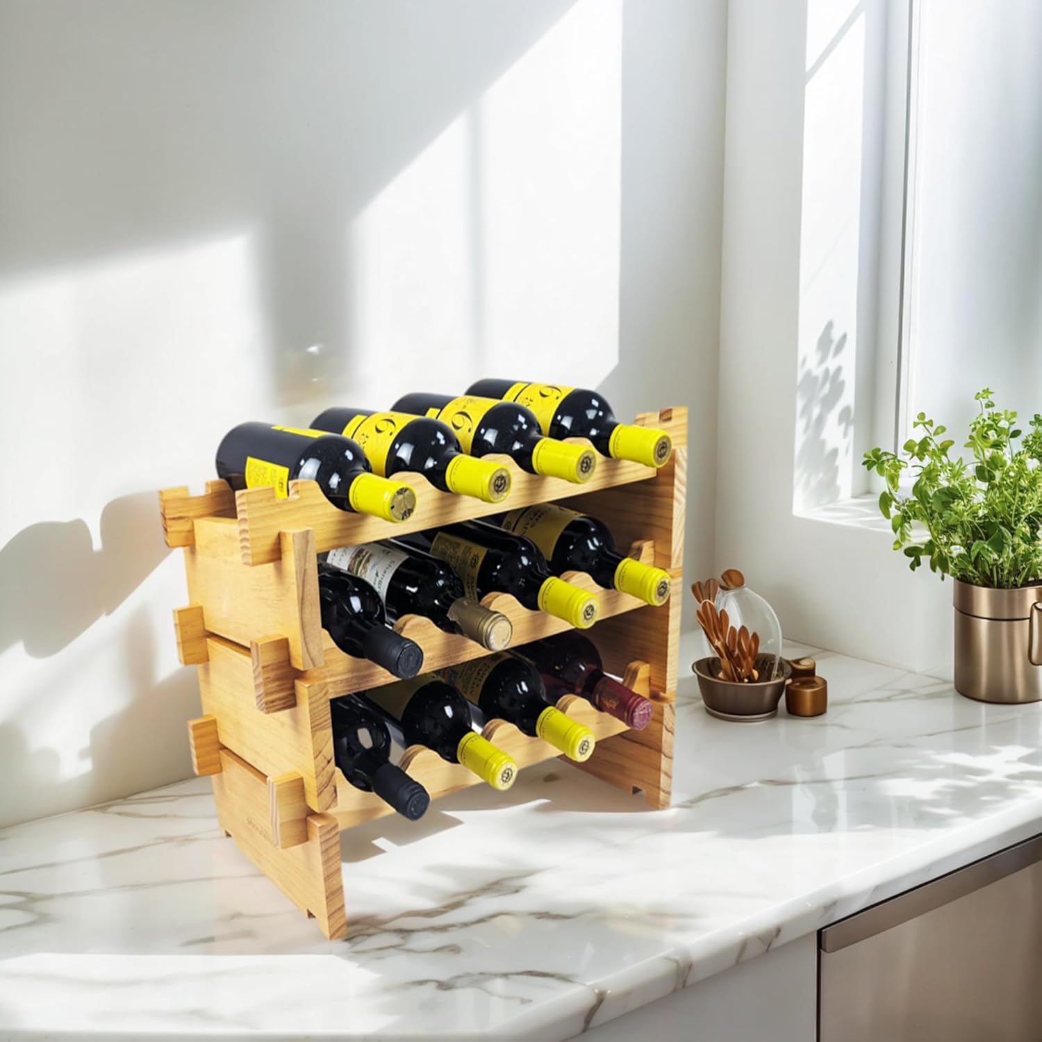 8-Tier Stackable Bamboo Wine Rack 12 Bottle Capacity