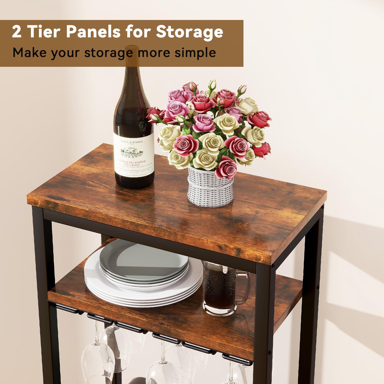 IBUYKE Freestanding Wine Rack 16 Bottles 2-Tier Tabletop with Glass Holders