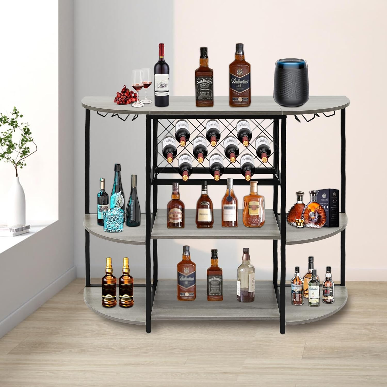 3-Tier Freestanding Wine Rack Table with Storage and Glass Holders Grey
