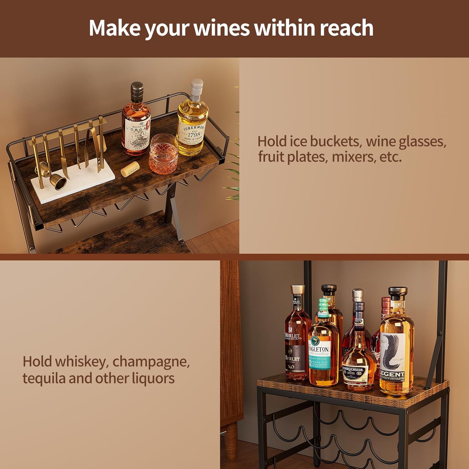 Nuovoware 3-Tier Liquor Cabinet with Wine Rack - Black Retro Brown