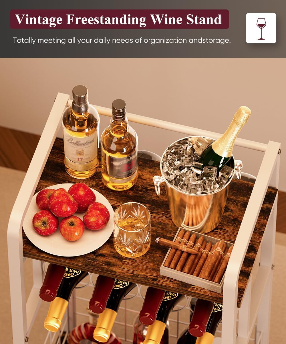 3-Tier Freestanding Wine Rack with Wood Top and Metal Frame