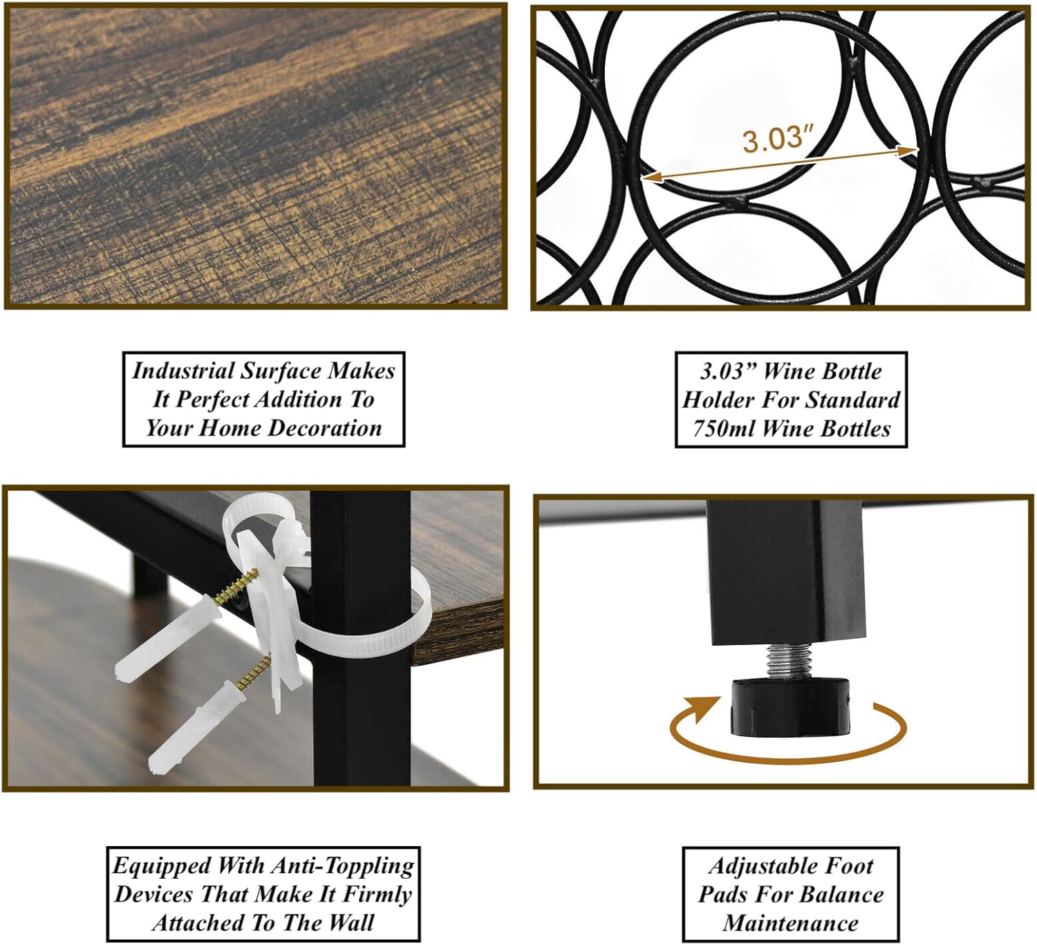 Freestanding 3 Tier Wine Rack with 4 Rows Glass Holder