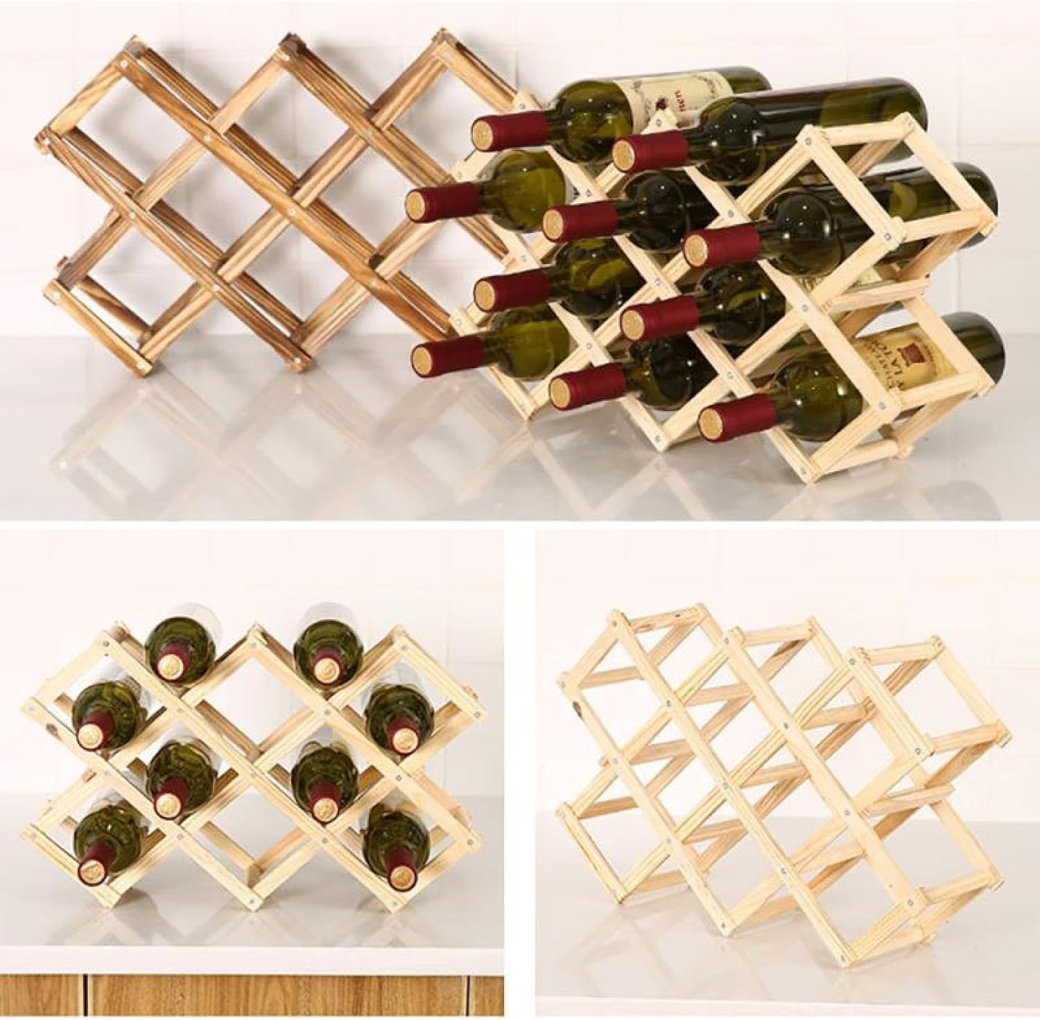 OWKAY Foldable Wooden Wine Rack 10 Bottles