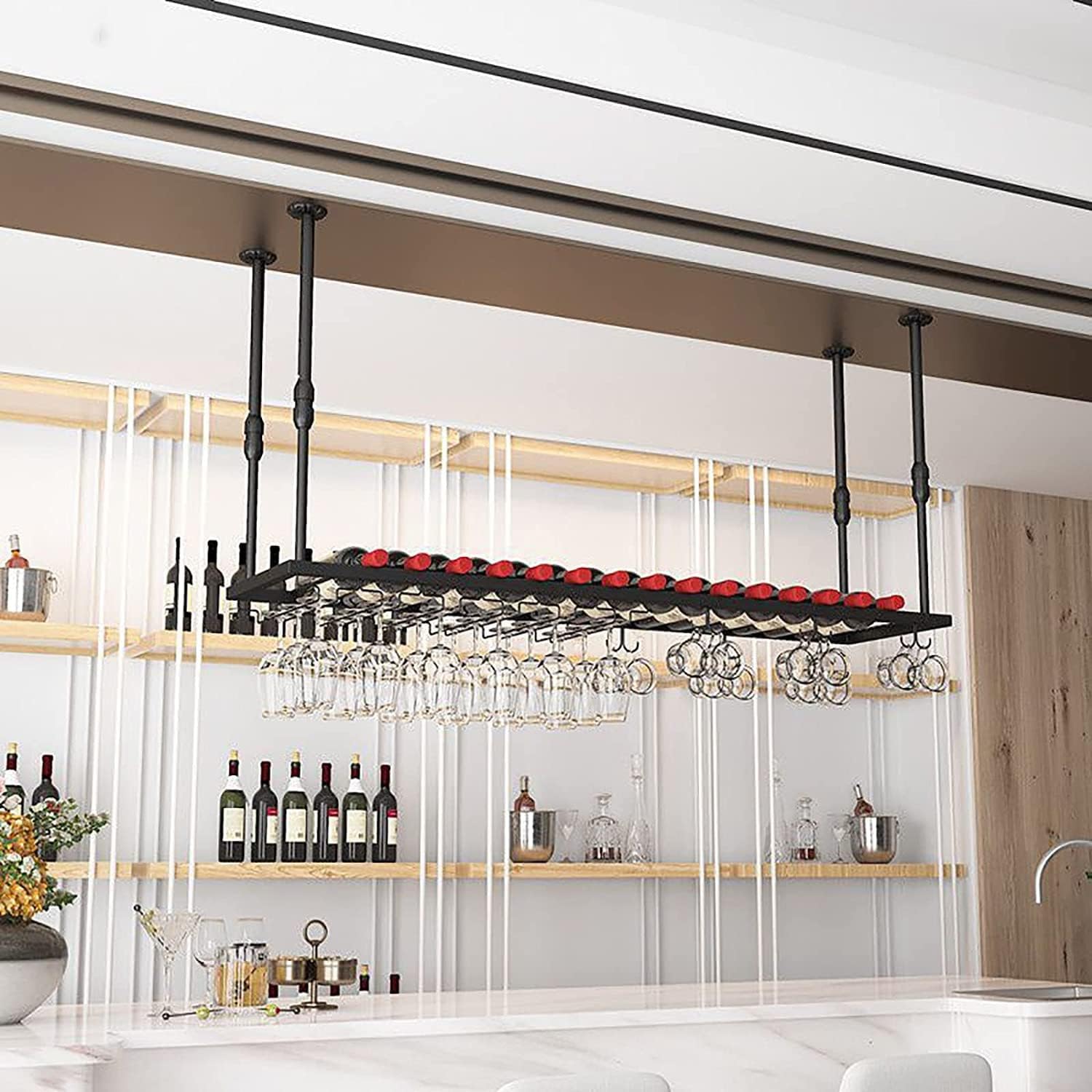 Ceiling Wine Glass Rack - Height Adjustable Durable Metal Holder for Bar Kitchen