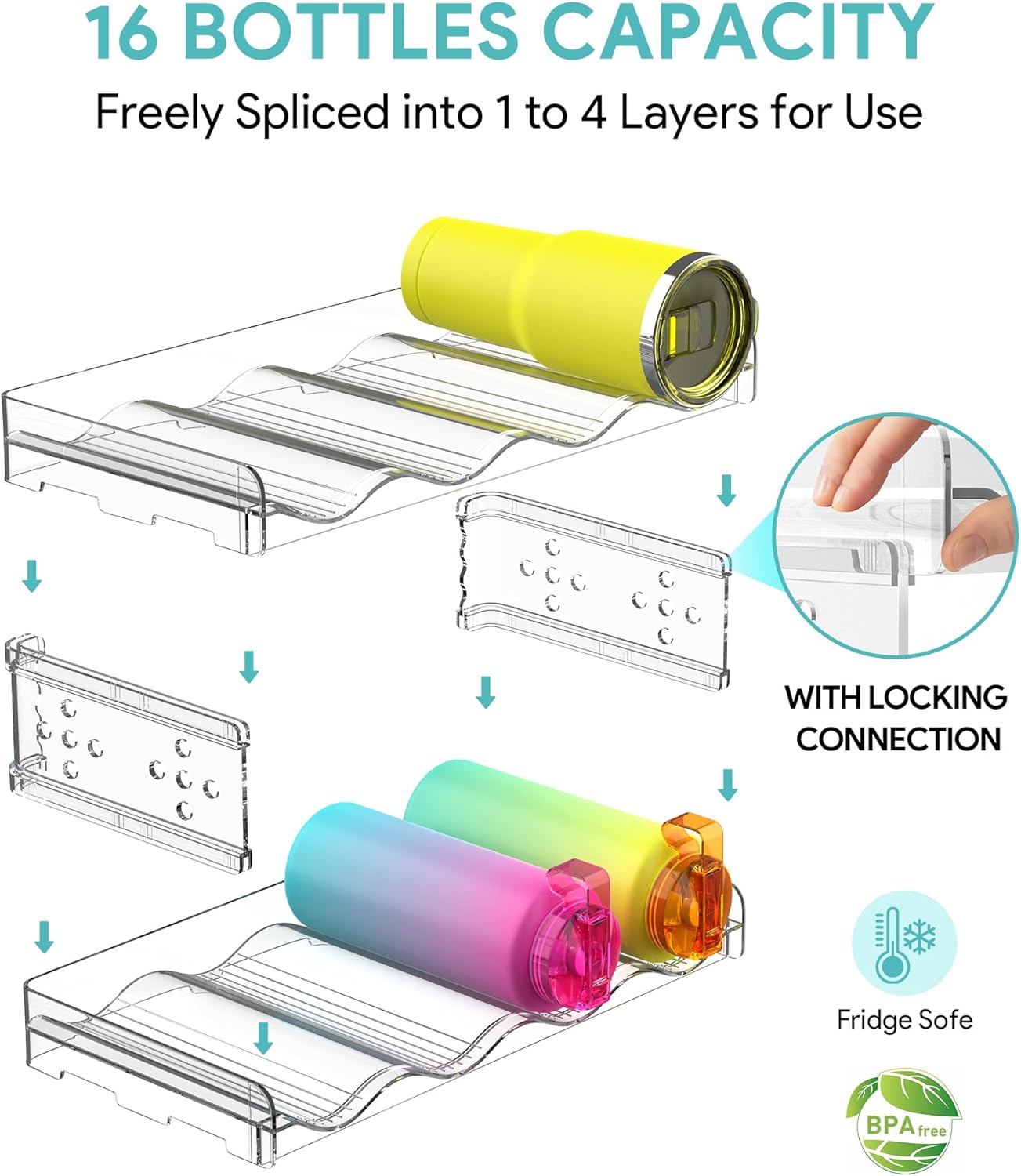 4 Tier Water Bottle Organizer for 16 Bottles Clear Plastic Freestanding