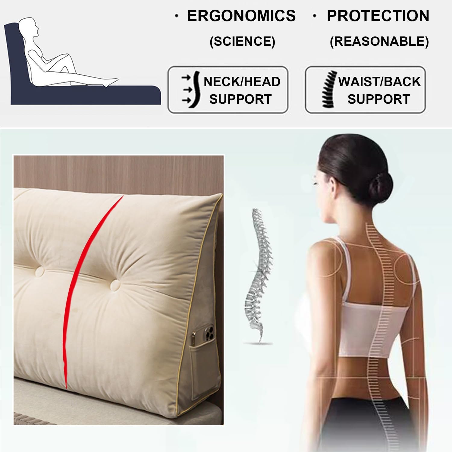 ZZYK Large Triangular Headboard Pillow Wedge 60cm Beige