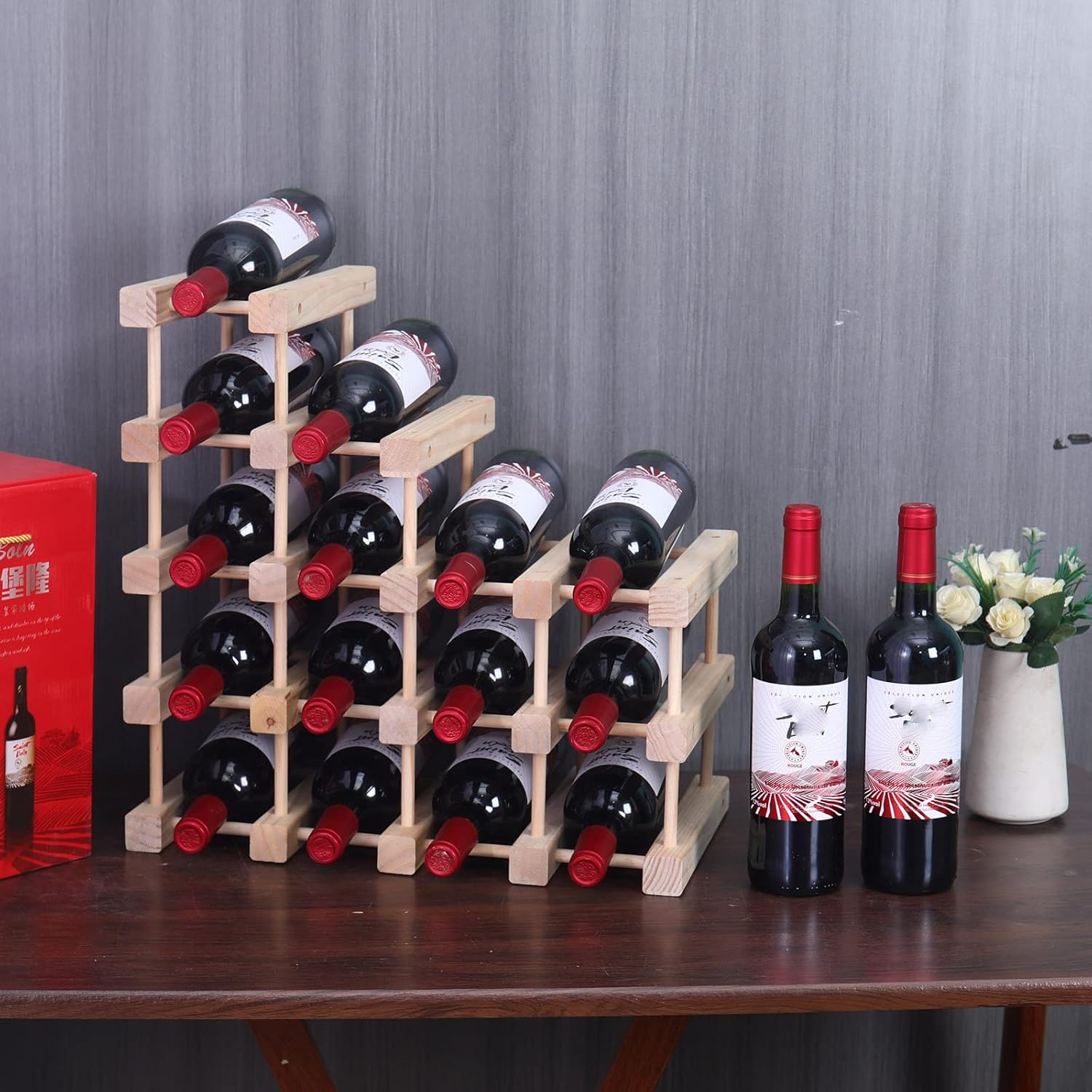 FDHUIJIA 15 Bottle Freestanding Wine Rack Wooden