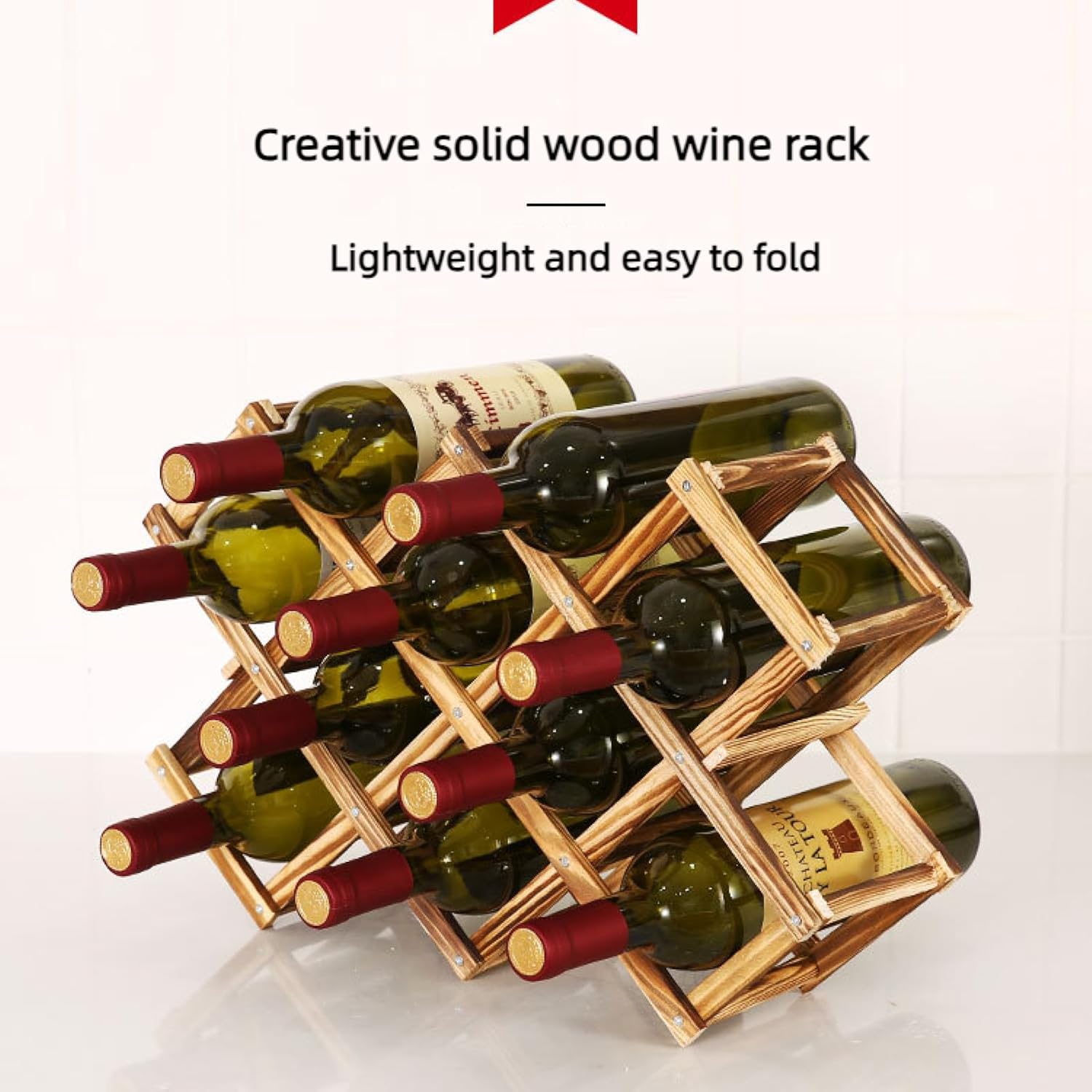 OWKAY Folding Wooden Wine Rack for 10 Bottles