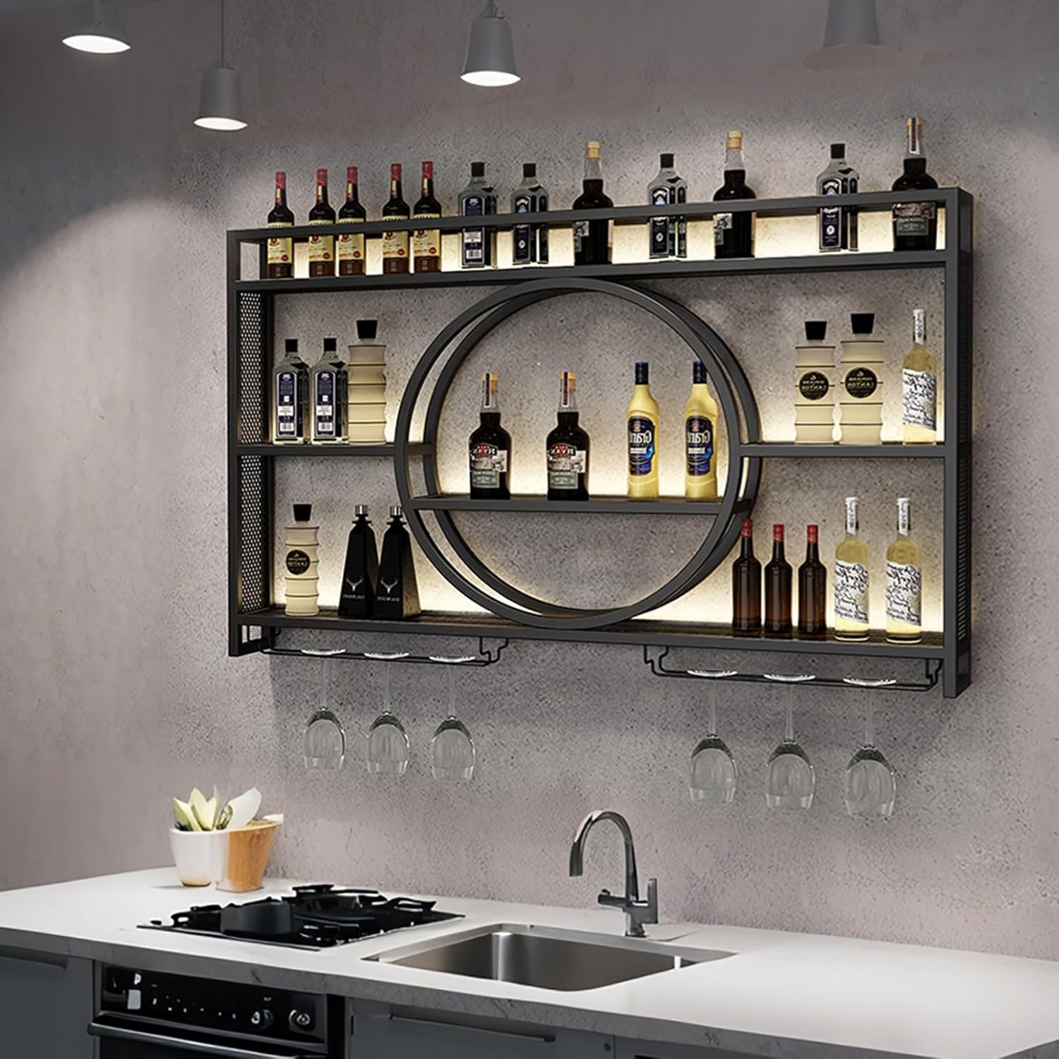 Modern Wall-Mounted Wine Rack with LED Lighting and Glass Holder