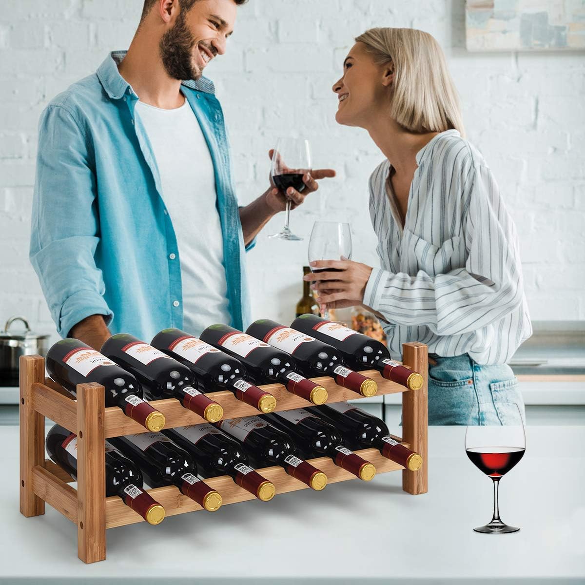 LDAILY 12-Bottle Bamboo Wine Rack 2-Tier Freestanding