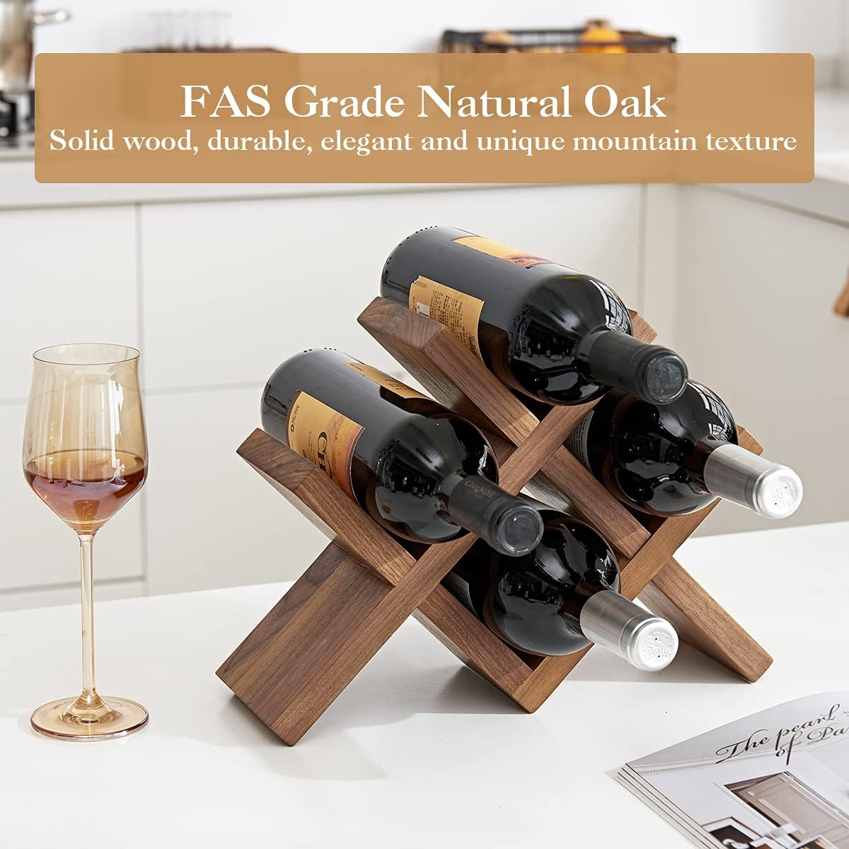 OAKERLAND 4 Bottle Walnut Wood Wine Rack Free Standing