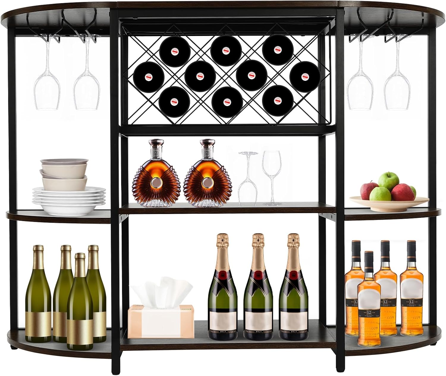 Delianty 3-Tier Wine Rack Table with Glass Holders Rustic Brown