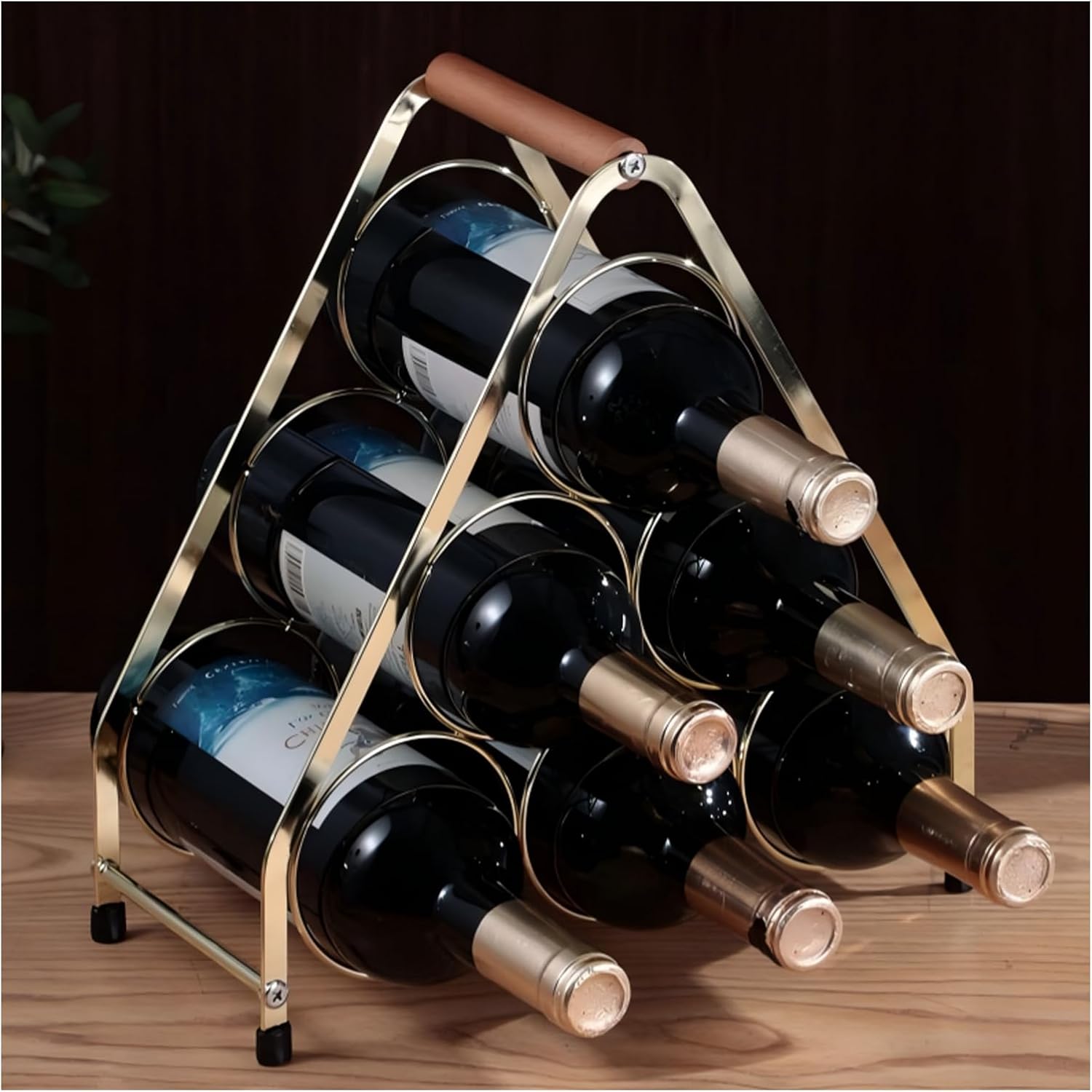 YimiBloss 6-Bottle Tabletop Wine Rack with Wooden Handle