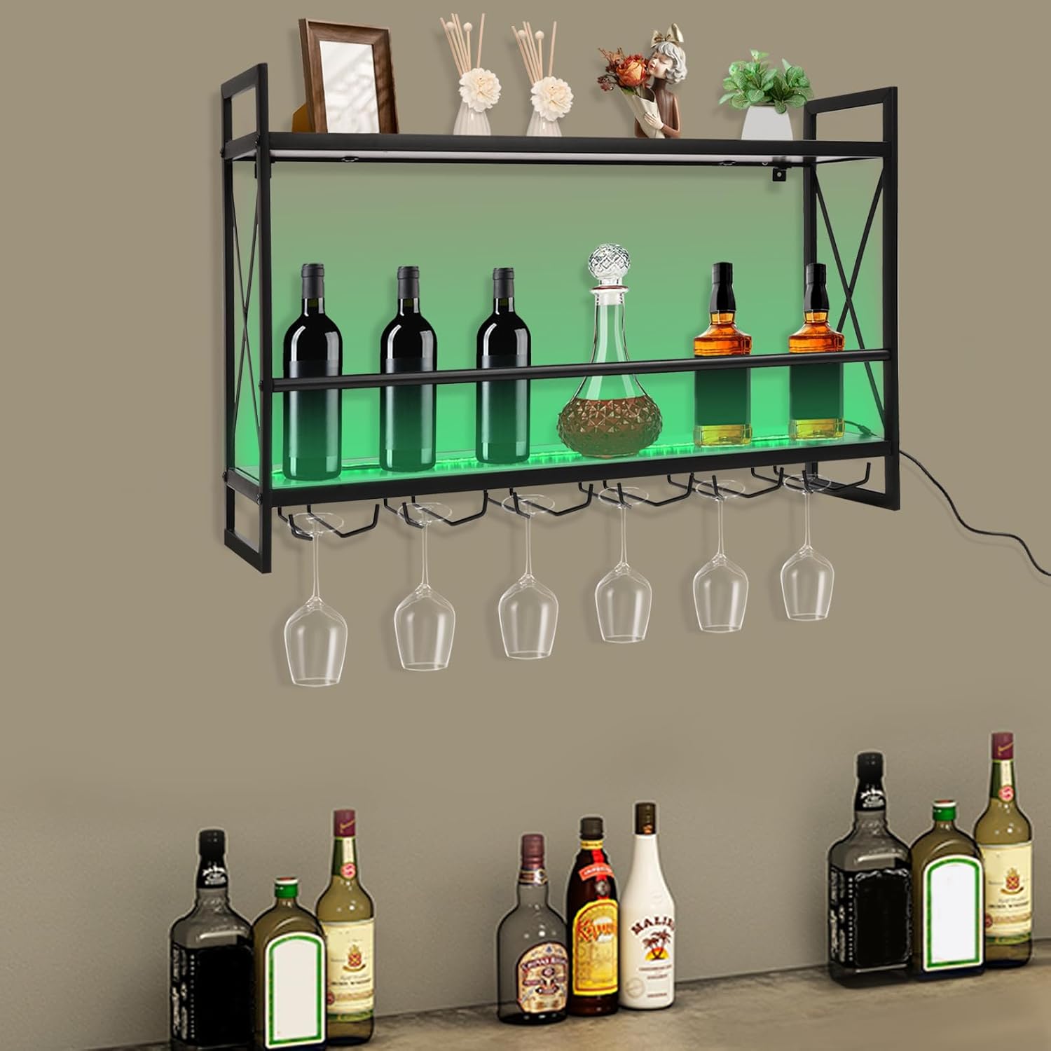 Gagalayong Wall Mounted Wine Rack with LED Light and 6 Glass Holders