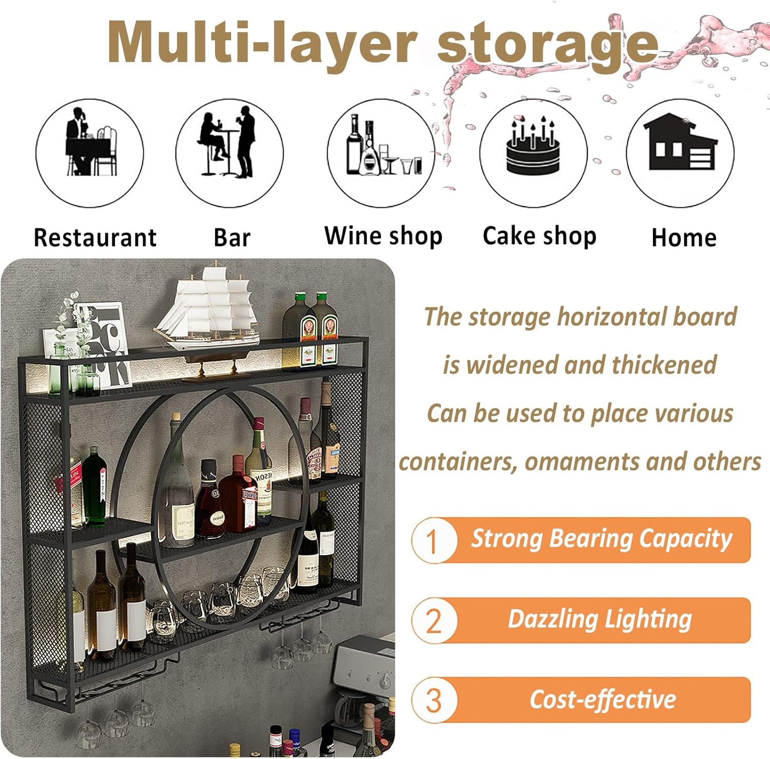 Modern Wall-Mounted Wine Rack with LED Lighting and Glass Holder