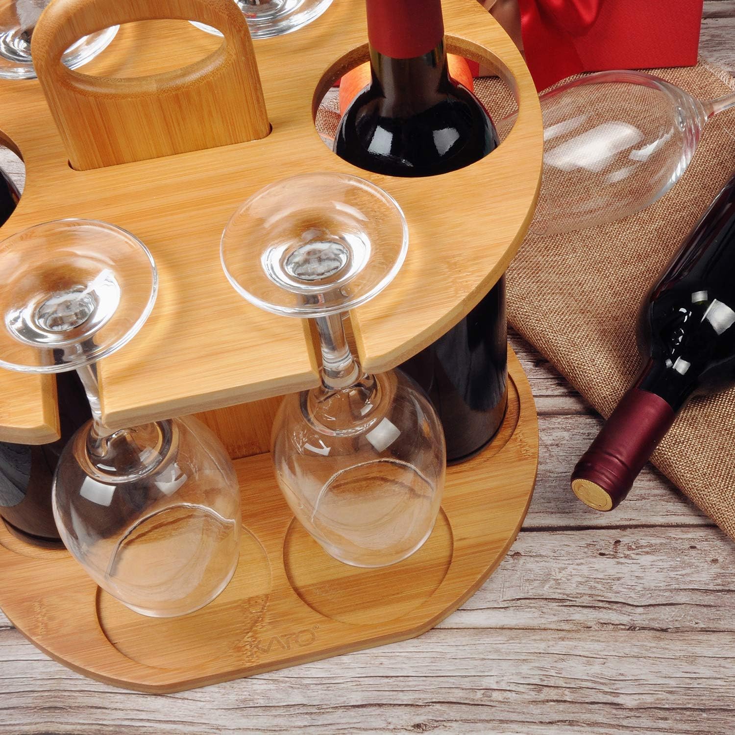 Tirrinia Bamboo Wine Rack 2 Bottles 4 Glasses