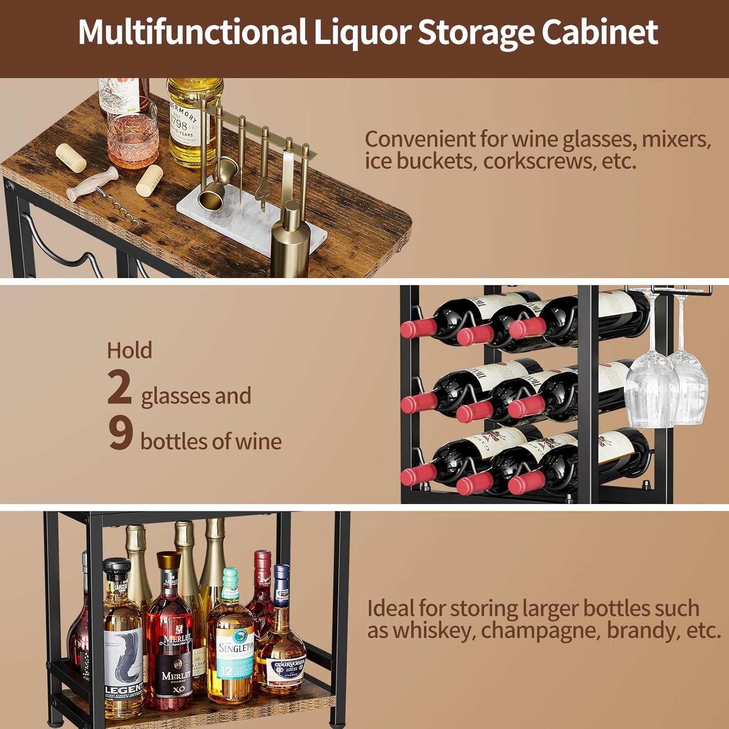 Nuovoware 3 Tier Wine Rack Tabletop with Glasses Holder BlackBrown