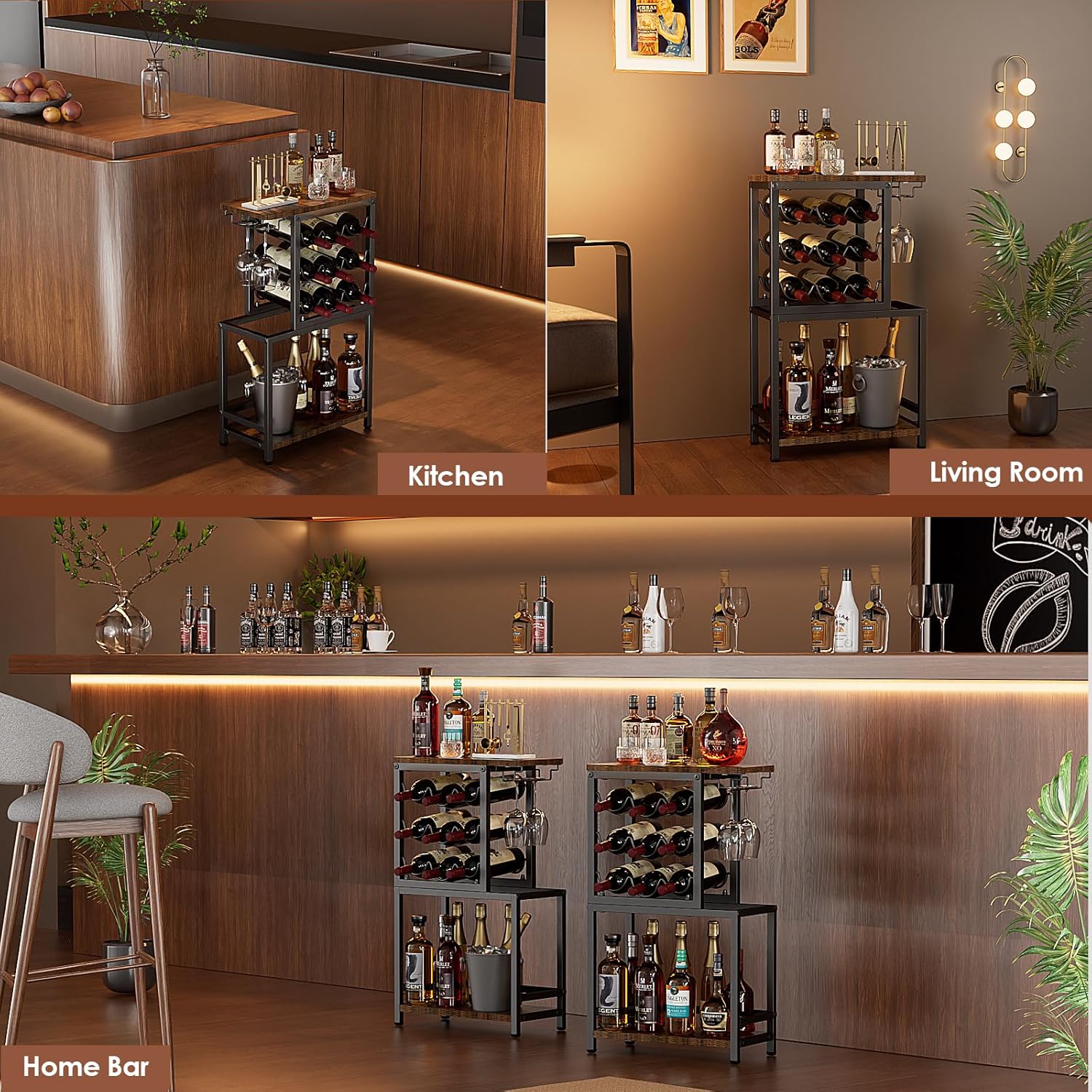 Nuovoware 3 Tier Wine Rack Tabletop with Glasses Holder BlackBrown
