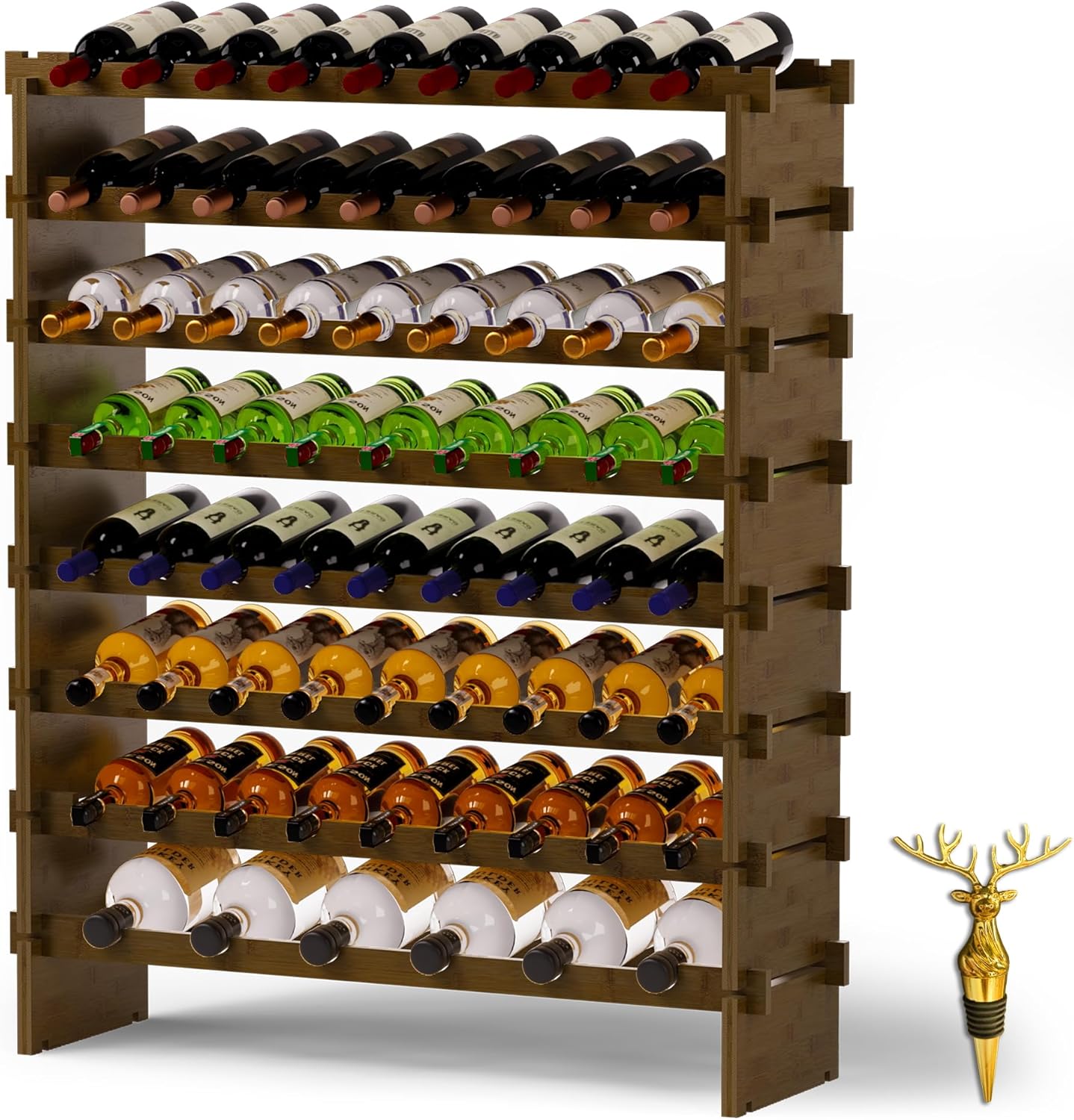 Bamboo 8-Tier Freestanding Wine Rack with Deer Stopper