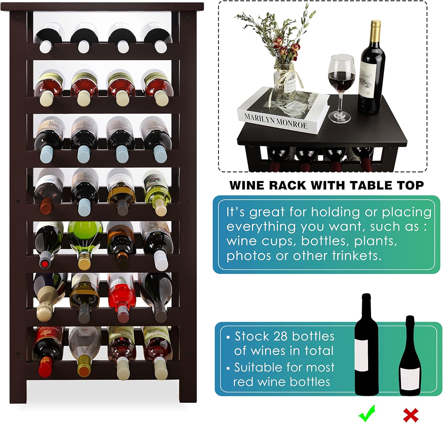 SMIBUY Bamboo Wine Rack 28 Bottles 7-Tier