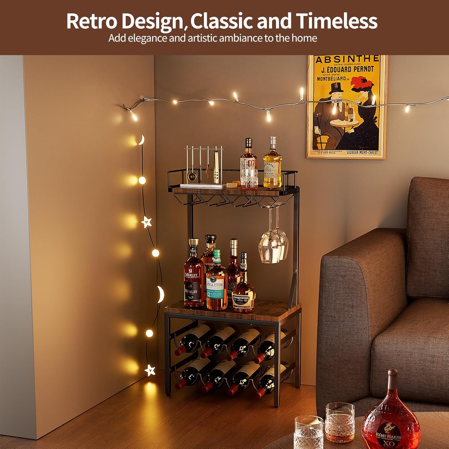 Nuovoware 3-Tier Liquor Cabinet with Wine Rack - Black Retro Brown